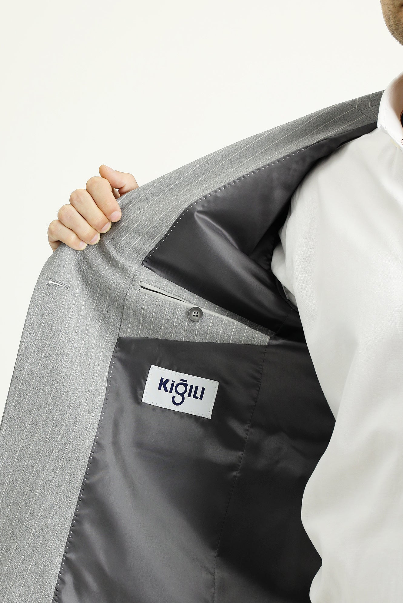 Orta Gri 7 Drop Slim Fit Dar Kesim Çizgili Kruvaze Ceket - Image 5