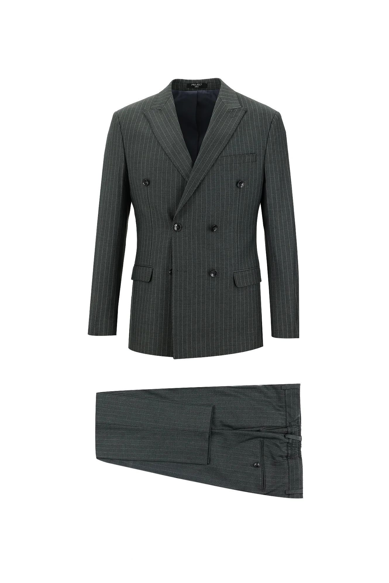 Orta Gri 7 Drop Slim Fit Dar Kesim Çizgili Kruvaze Takım Elbise