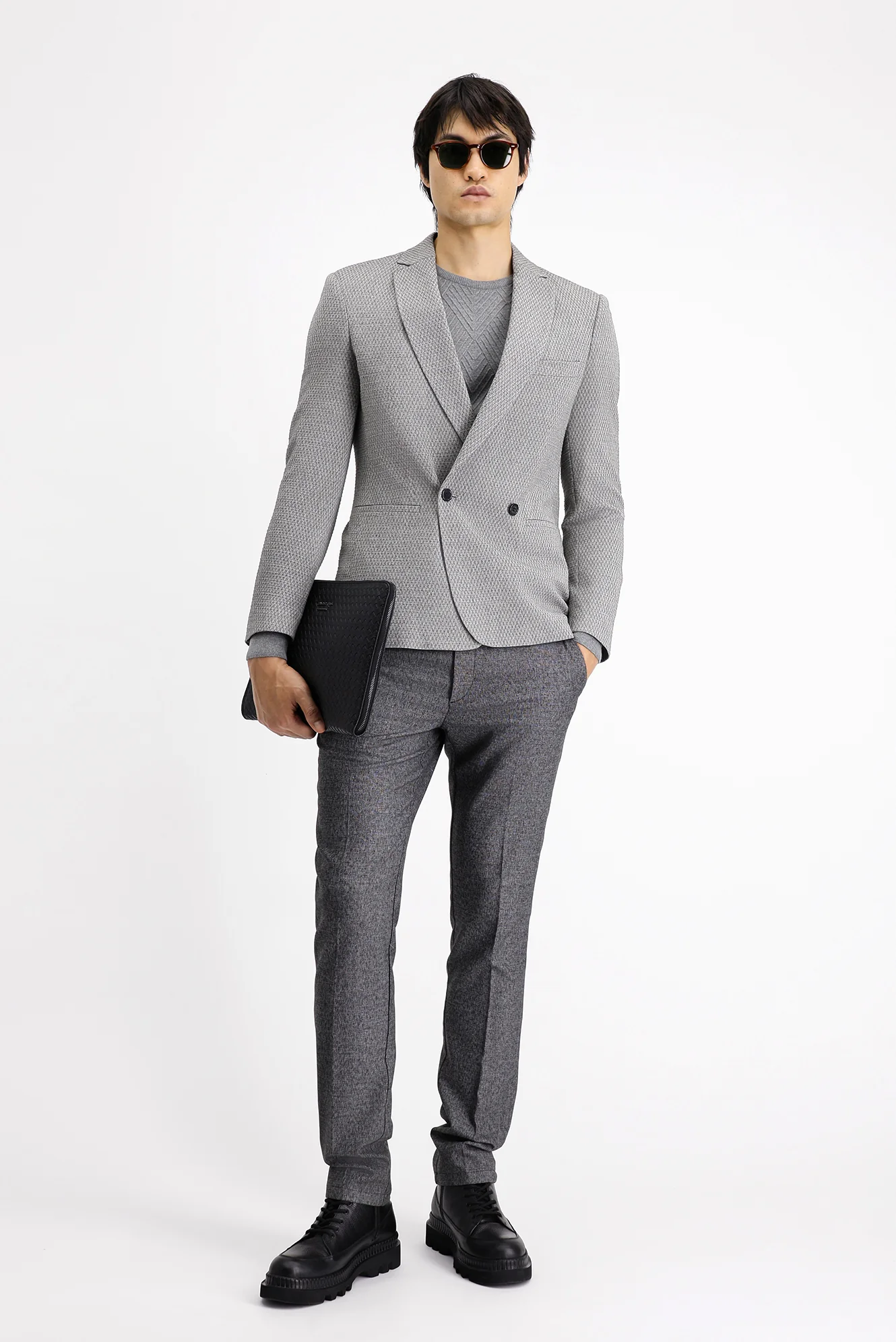 Orta Gri 7 Drop Slim Fit Dar Kesim Desenli Kruvaze Ceket