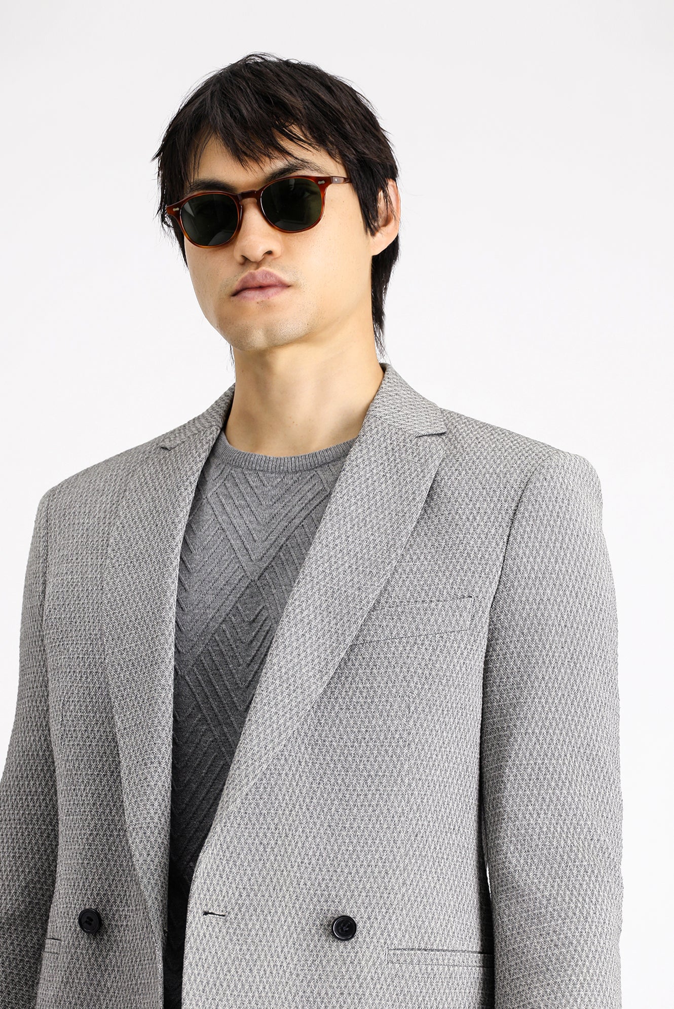 Orta Gri 7 Drop Slim Fit Dar Kesim Desenli Kruvaze Ceket - Image 2