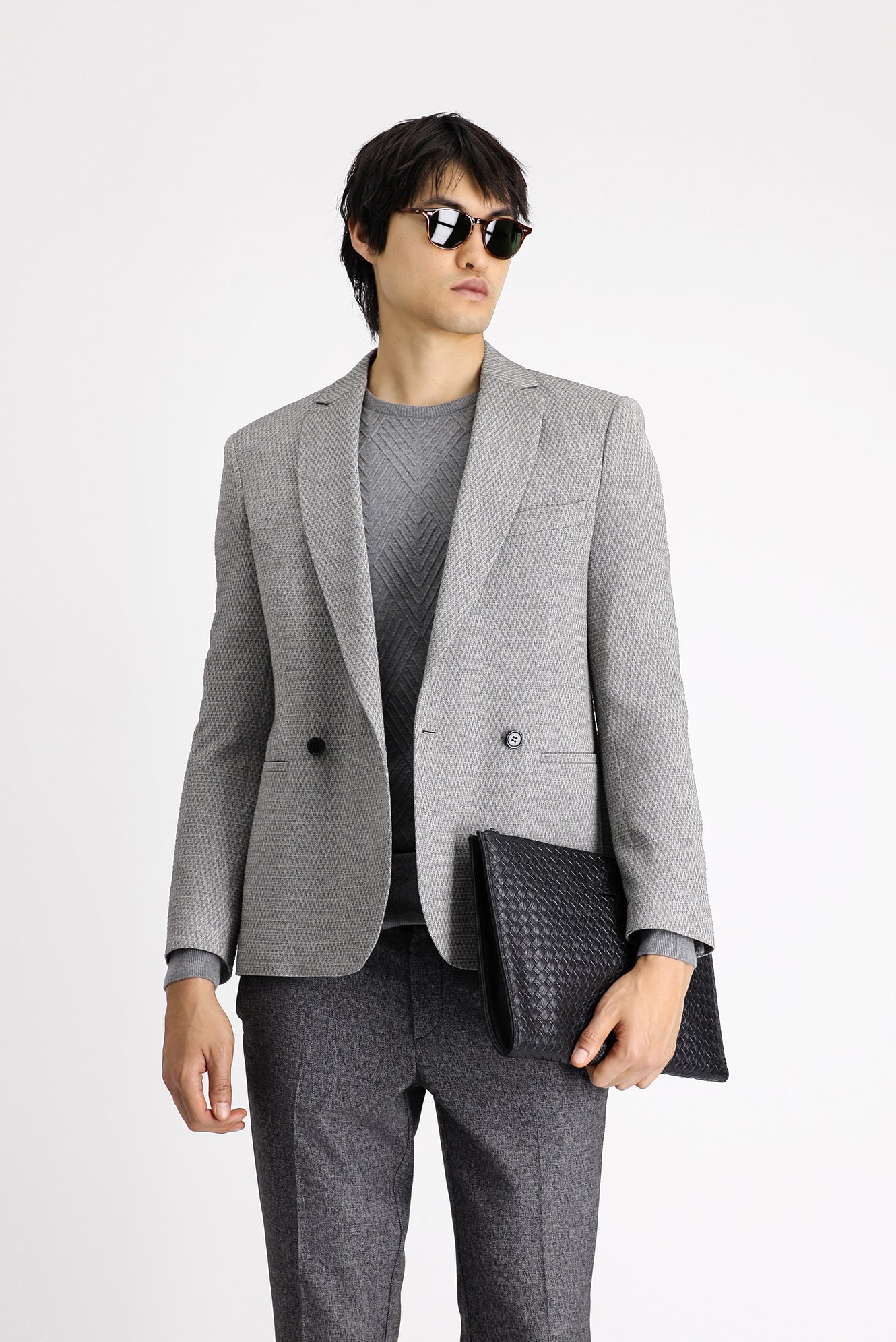 Orta Gri 7 Drop Slim Fit Dar Kesim Desenli Kruvaze Ceket - Image 3