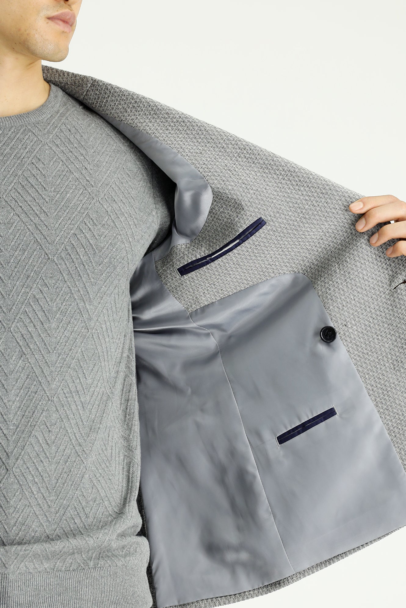 Orta Gri 7 Drop Slim Fit Dar Kesim Desenli Kruvaze Ceket - Image 5