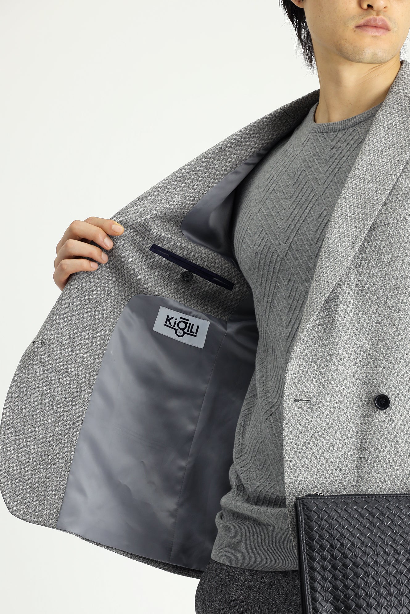 Orta Gri 7 Drop Slim Fit Dar Kesim Desenli Kruvaze Ceket - Image 6