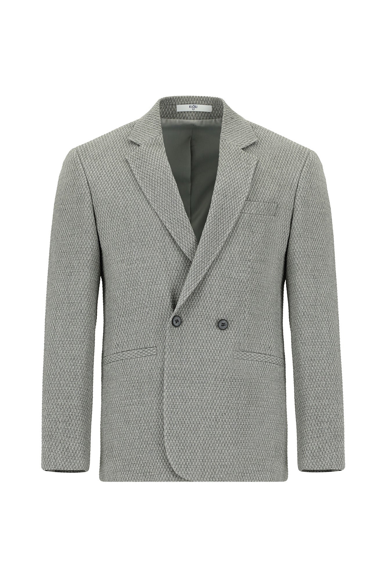 Orta Gri 7 Drop Slim Fit Dar Kesim Desenli Kruvaze Ceket - Image 7