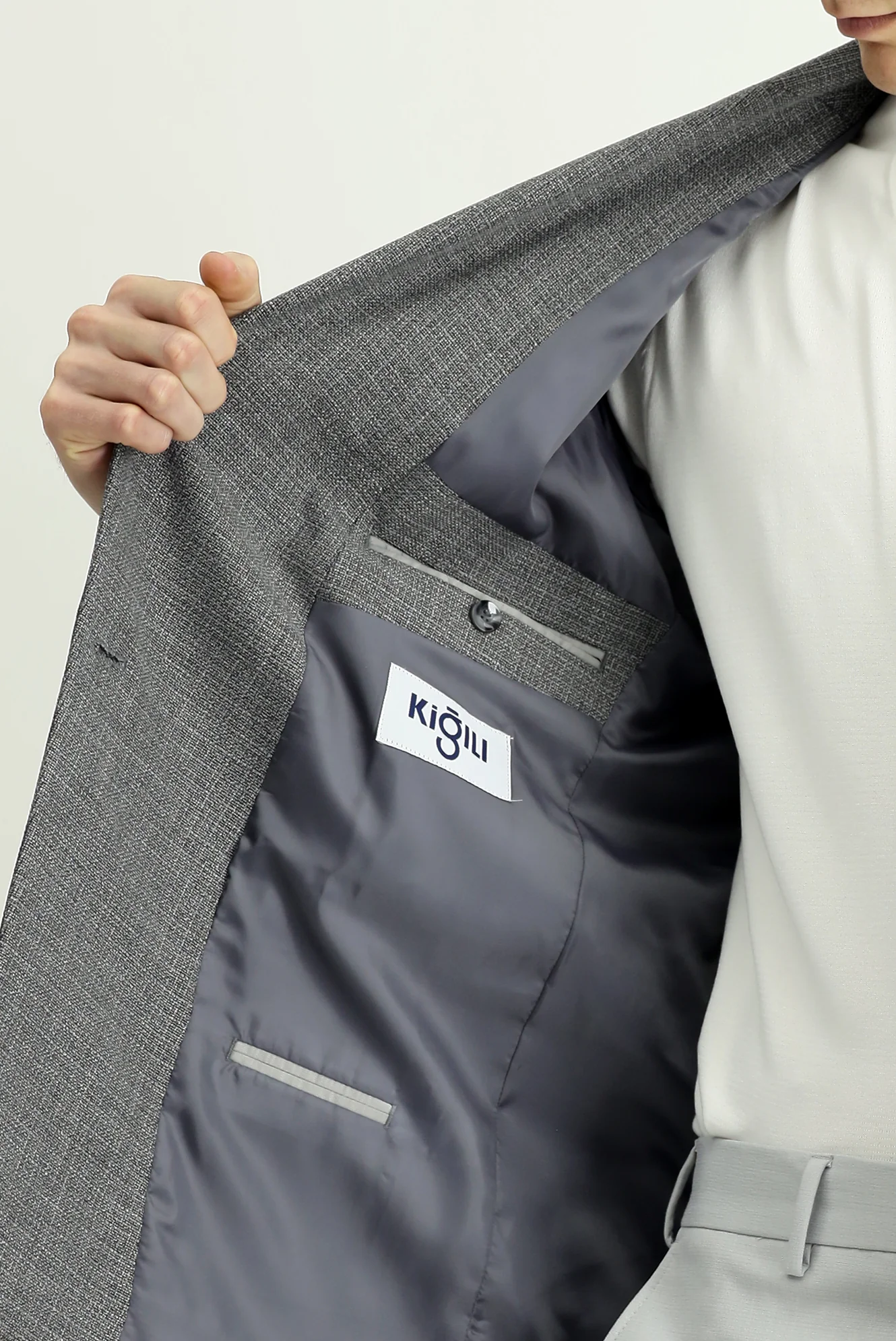 Orta Gri 7 Drop Slim Fit Dar Kesim Desenli Kruvaze Ceket - Image 6