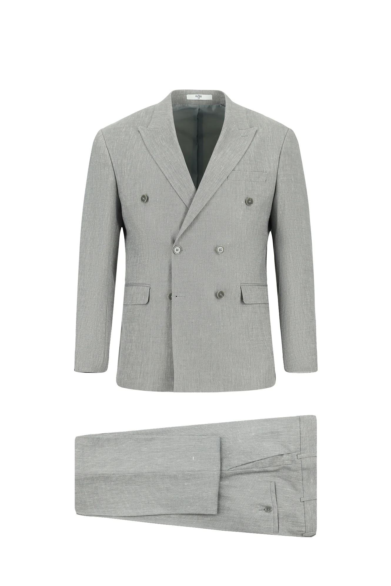 Orta Gri 7 Drop Slim Fit Dar Kesim Keten Karışımlı Sivri Yaka Kruvaze Takım Elbise