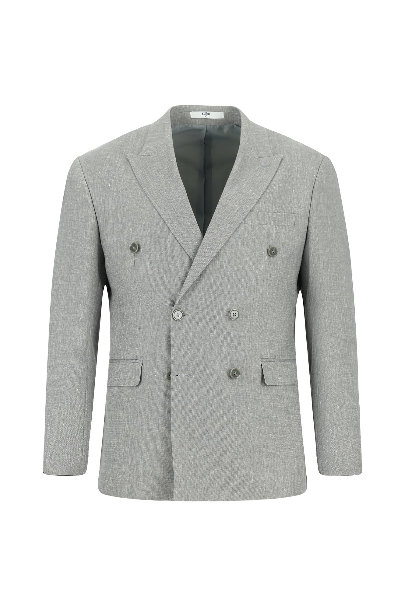 Orta Gri 7 Drop Slim Fit Dar Kesim Keten Karışımlı Sivri Yaka Kruvaze Takım Elbise - Image 2