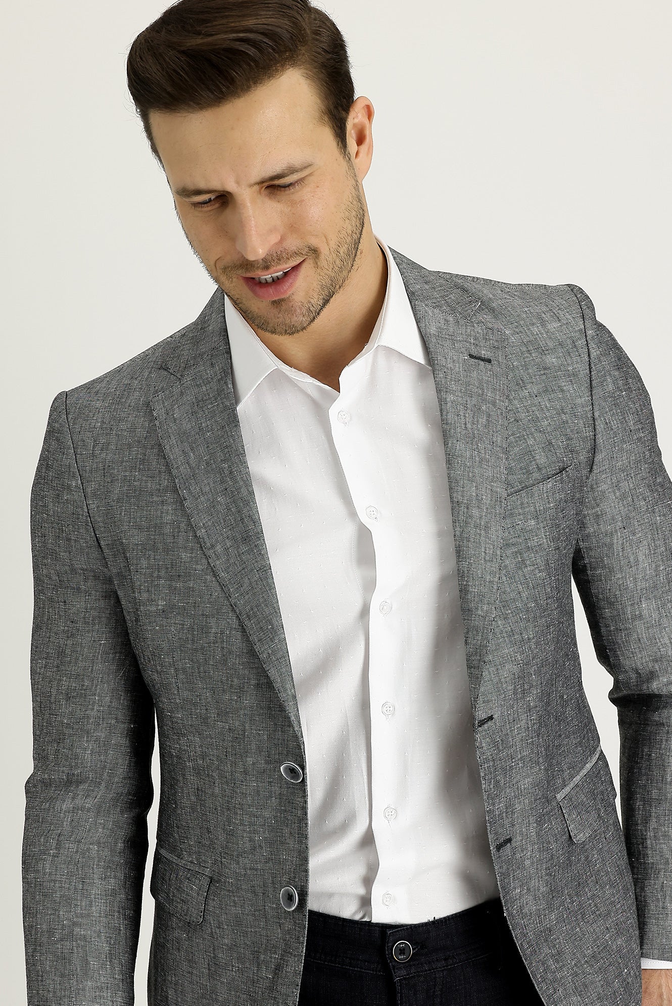 Orta Gri 7 Drop Slim Fit Dar Kesim Klasik Desenli Keten Ceket