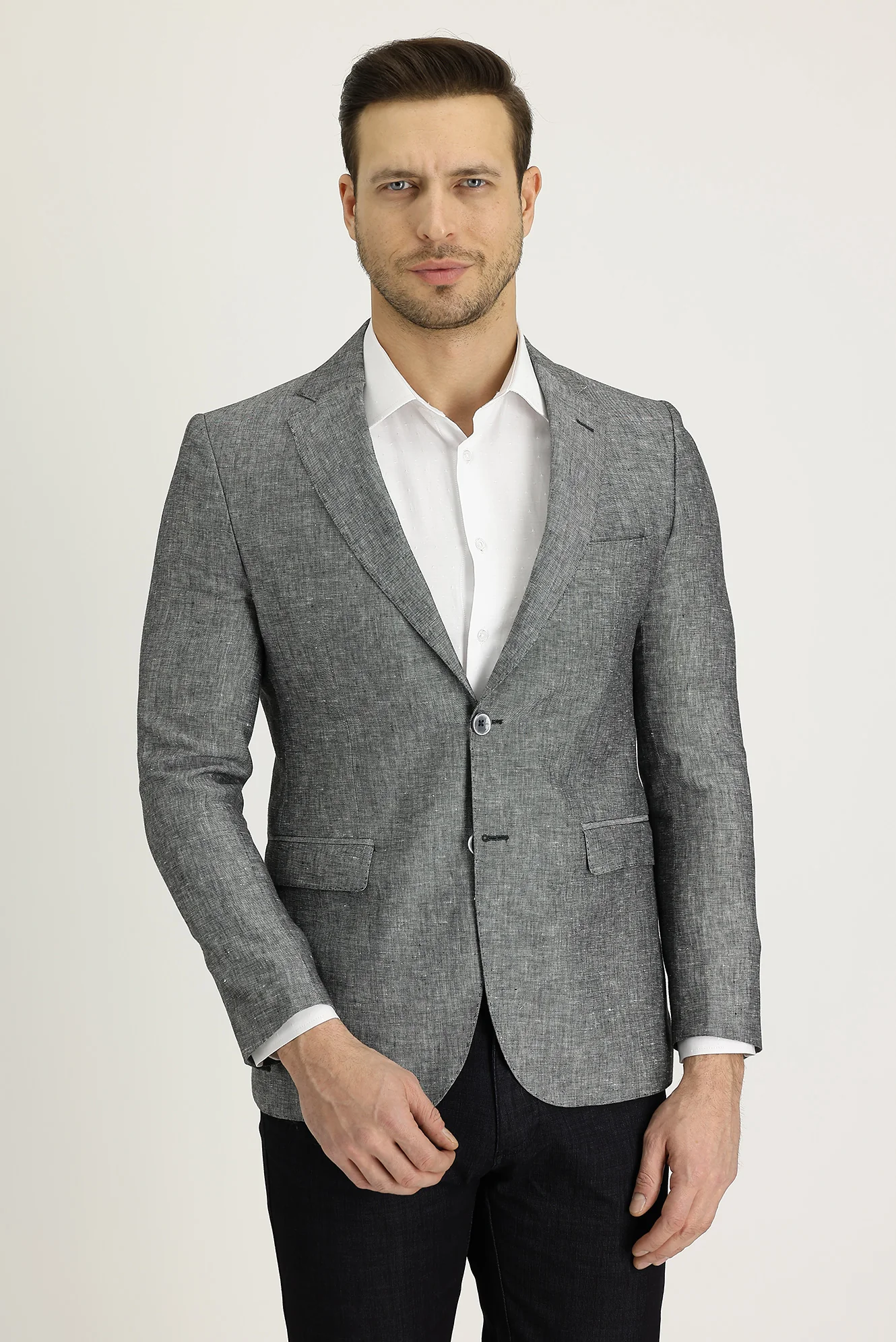 Orta Gri 7 Drop Slim Fit Dar Kesim Klasik Desenli Keten Ceket - Image 2