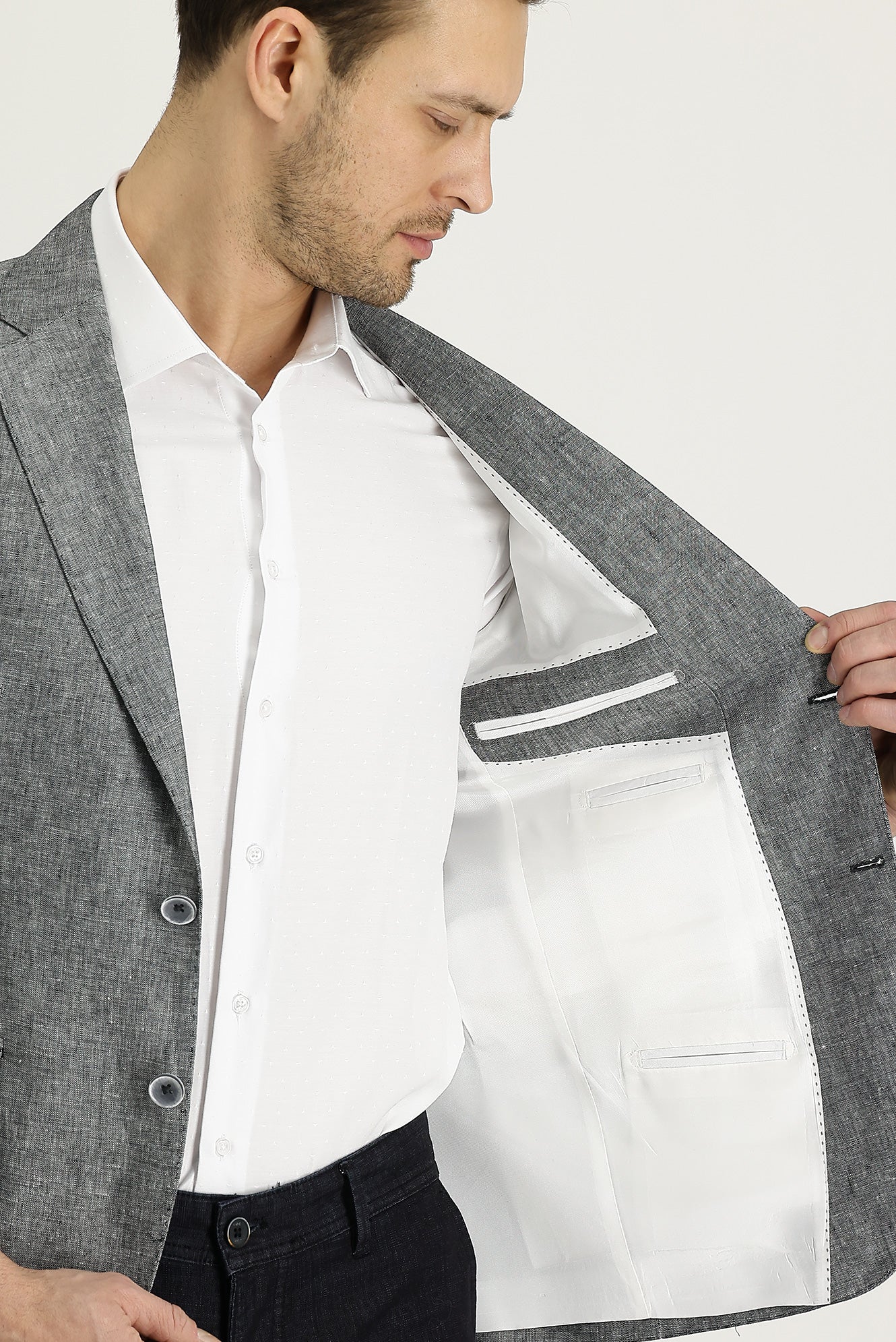 Orta Gri 7 Drop Slim Fit Dar Kesim Klasik Desenli Keten Ceket - Image 4