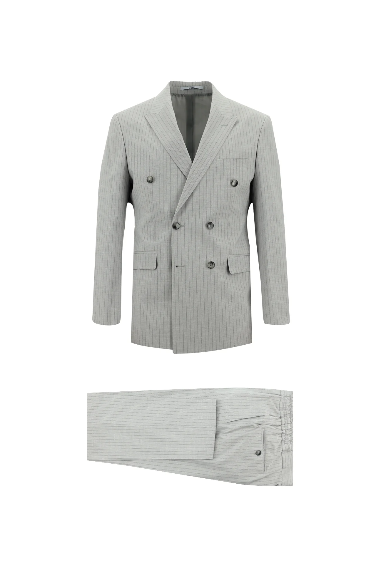 Orta Gri 7 Drop Slim Fit Dar Kesim Kruvaze Çizgili Keten Karışımlı Takım Elbise