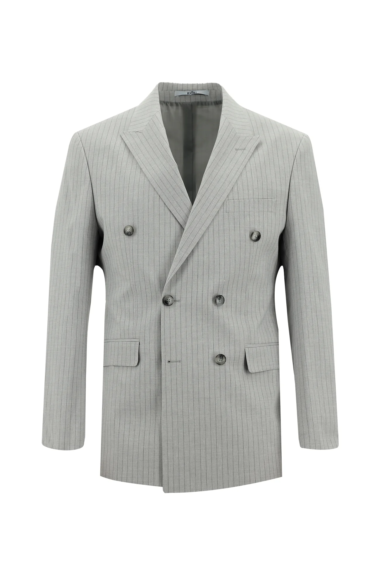 Orta Gri 7 Drop Slim Fit Dar Kesim Kruvaze Çizgili Keten Karışımlı Takım Elbise - Image 2