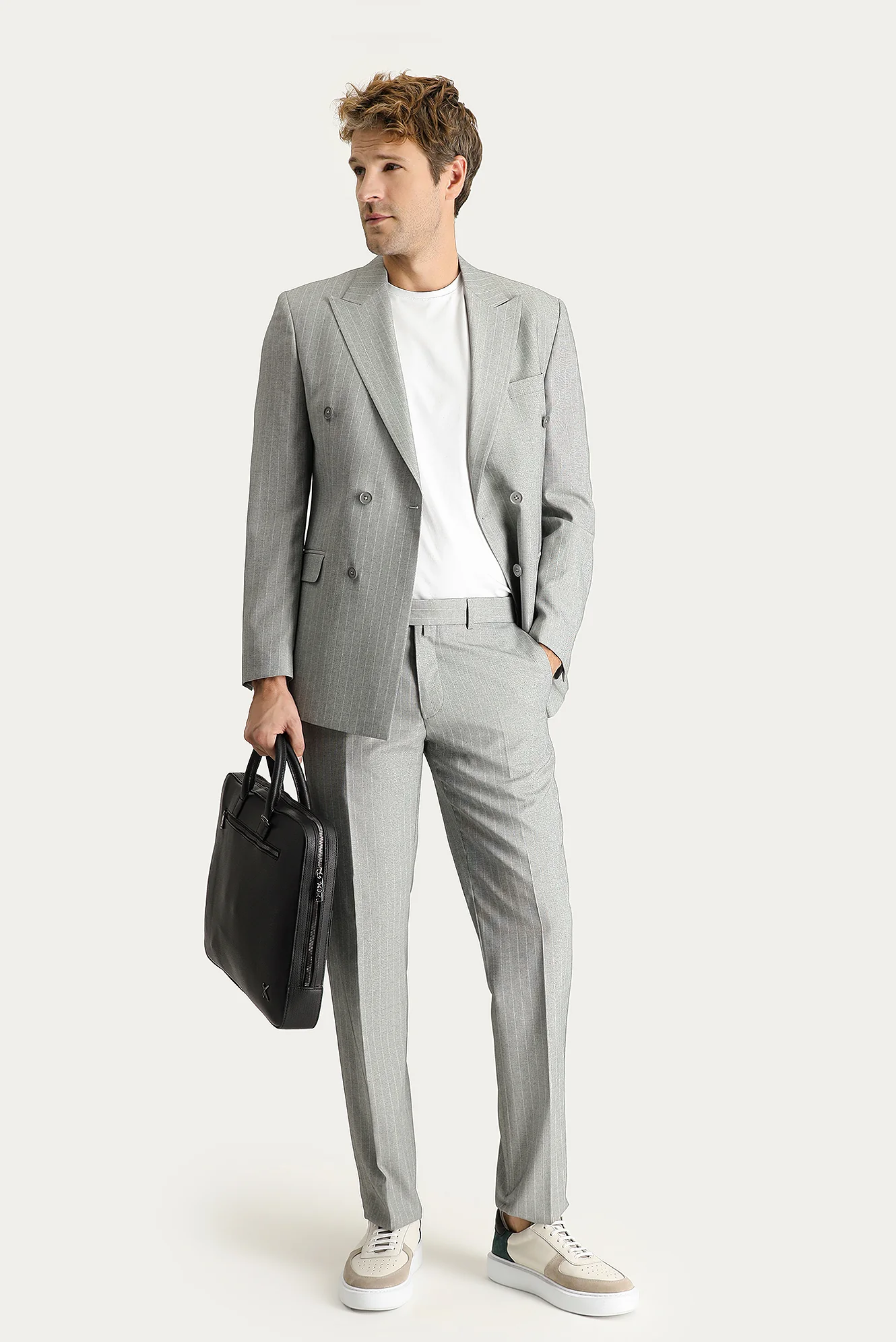 Orta Gri 7 Drop Slim Fit Dar Kesim Kruvaze Çizgili Takım Elbise