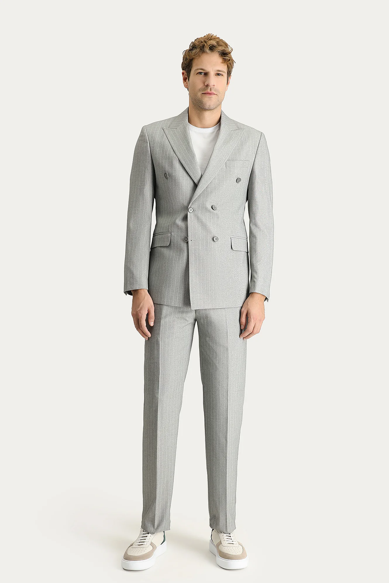 Orta Gri 7 Drop Slim Fit Dar Kesim Kruvaze Çizgili Takım Elbise - Image 2
