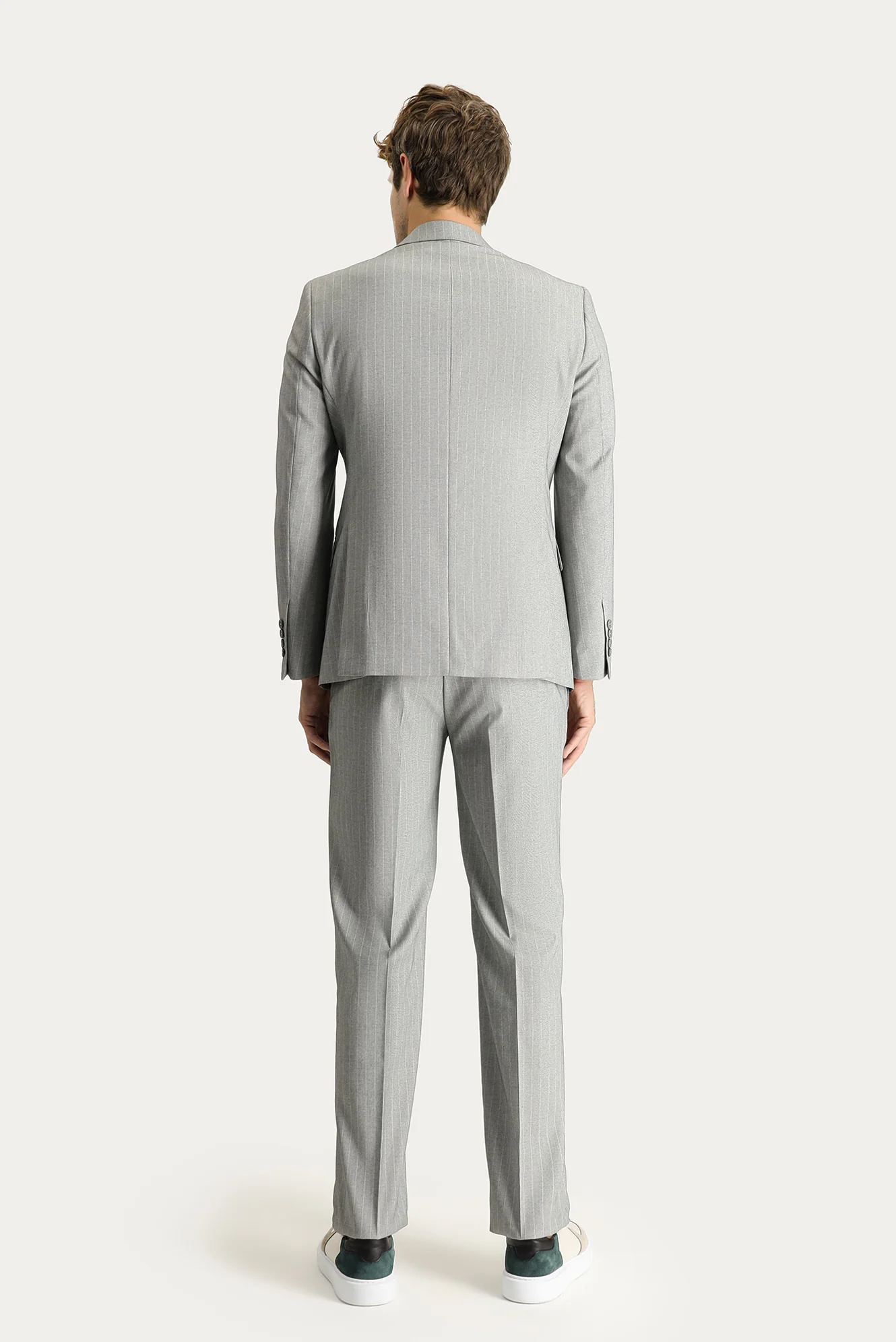 Orta Gri 7 Drop Slim Fit Dar Kesim Kruvaze Çizgili Takım Elbise - Image 3