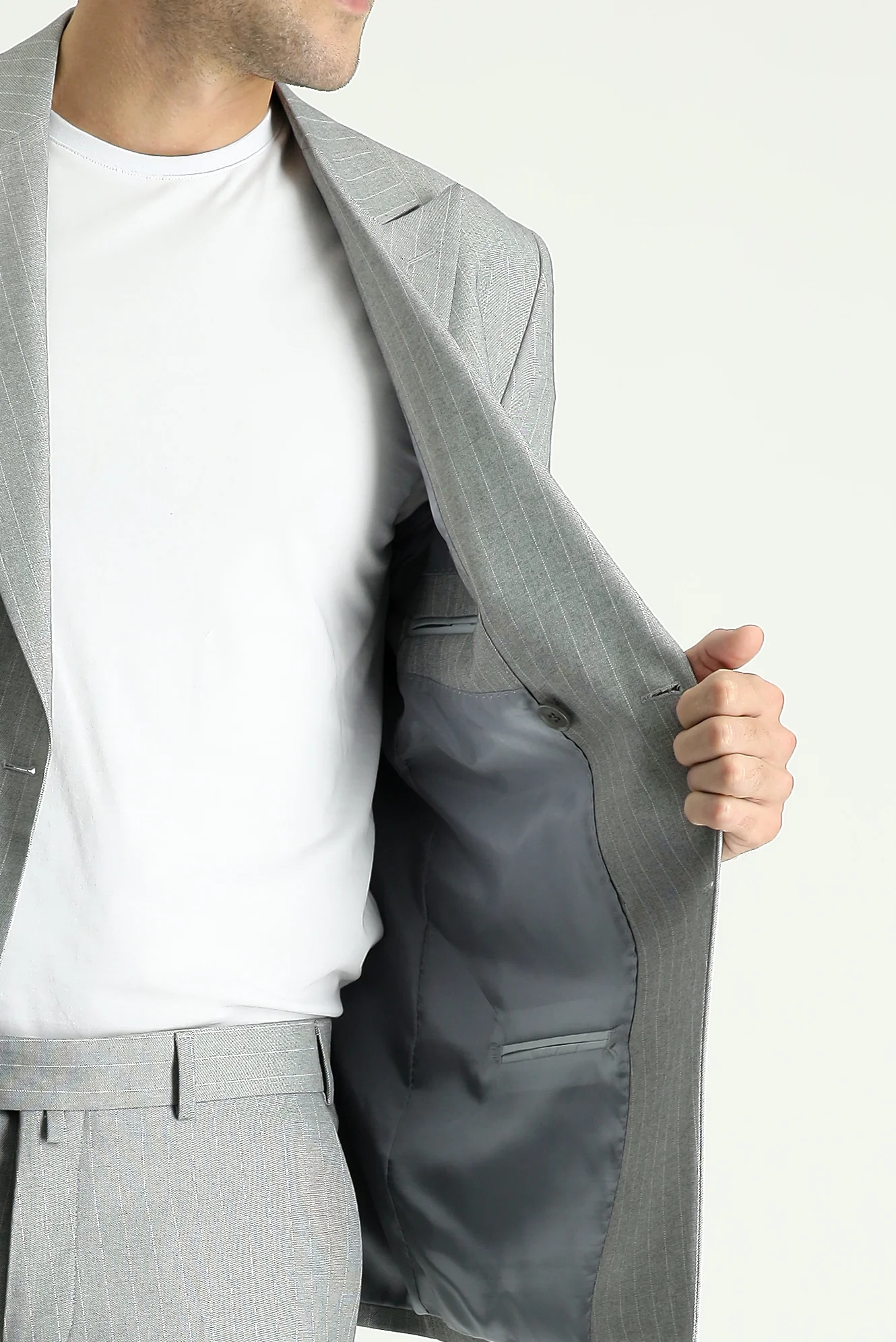 Orta Gri 7 Drop Slim Fit Dar Kesim Kruvaze Çizgili Takım Elbise - Image 4