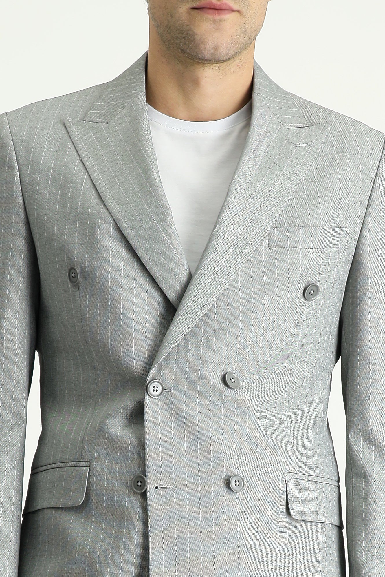 Orta Gri 7 Drop Slim Fit Dar Kesim Kruvaze Çizgili Takım Elbise - Image 5