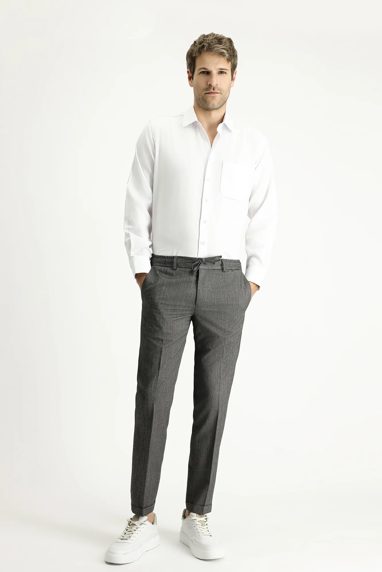 Orta Gri 7 Drop Slim Fit Dar Kesim Likralı Beli Lastikli İpli Klasik Kumaş Pantolon - Image 2