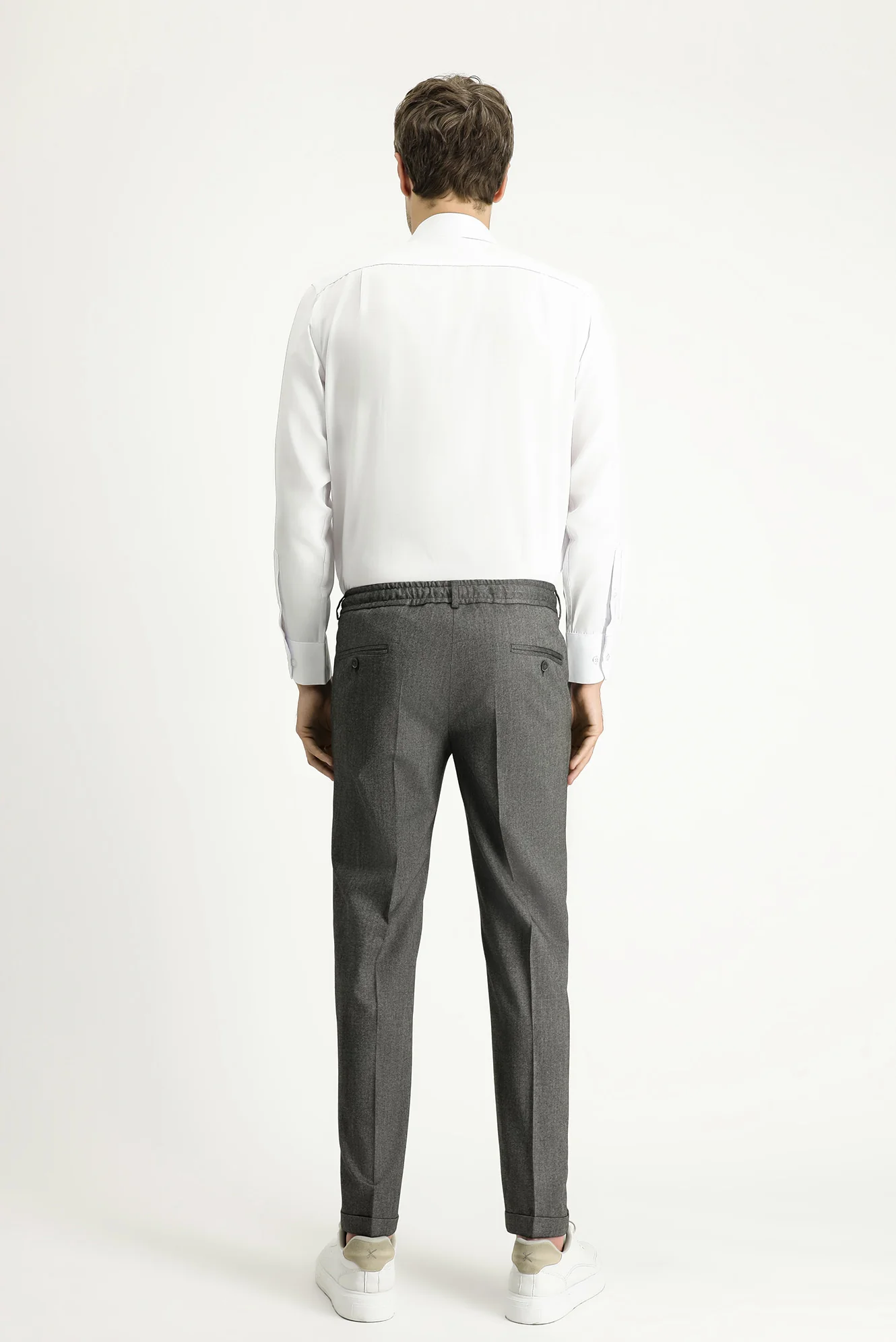 Orta Gri 7 Drop Slim Fit Dar Kesim Likralı Beli Lastikli İpli Klasik Kumaş Pantolon - Image 4