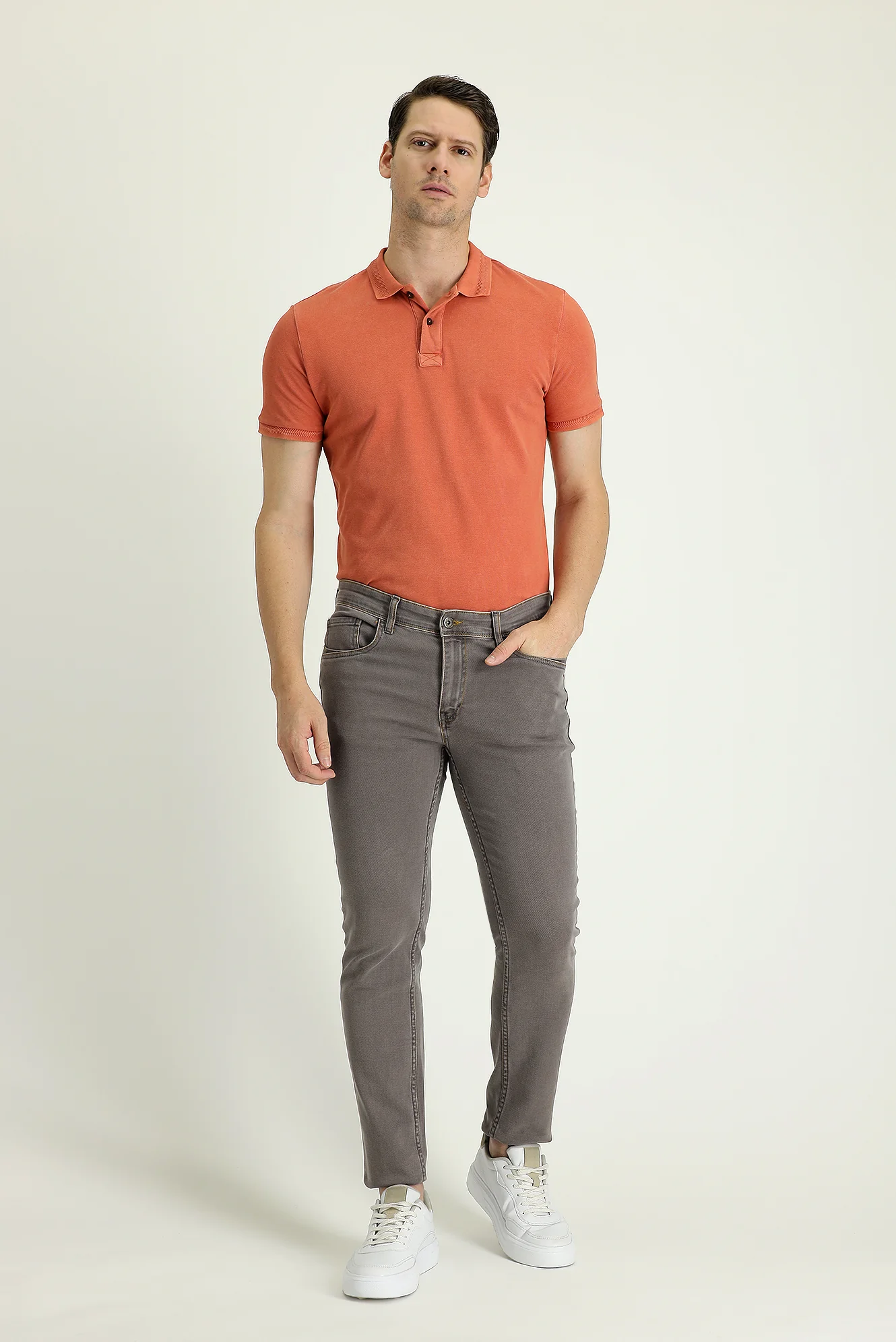 Orta Gri Slim Fit Dar Kesim Likralı Denim Pantolon