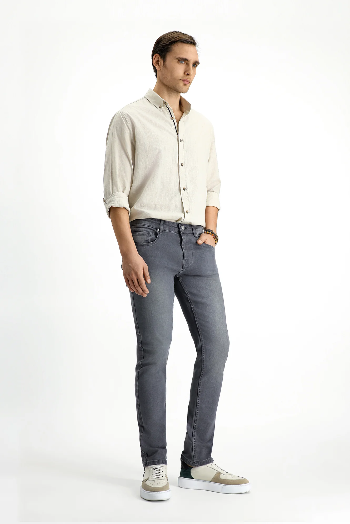 Orta Gri Slim Fit Dar Kesim Likralı Denim Pantolon - Image 3