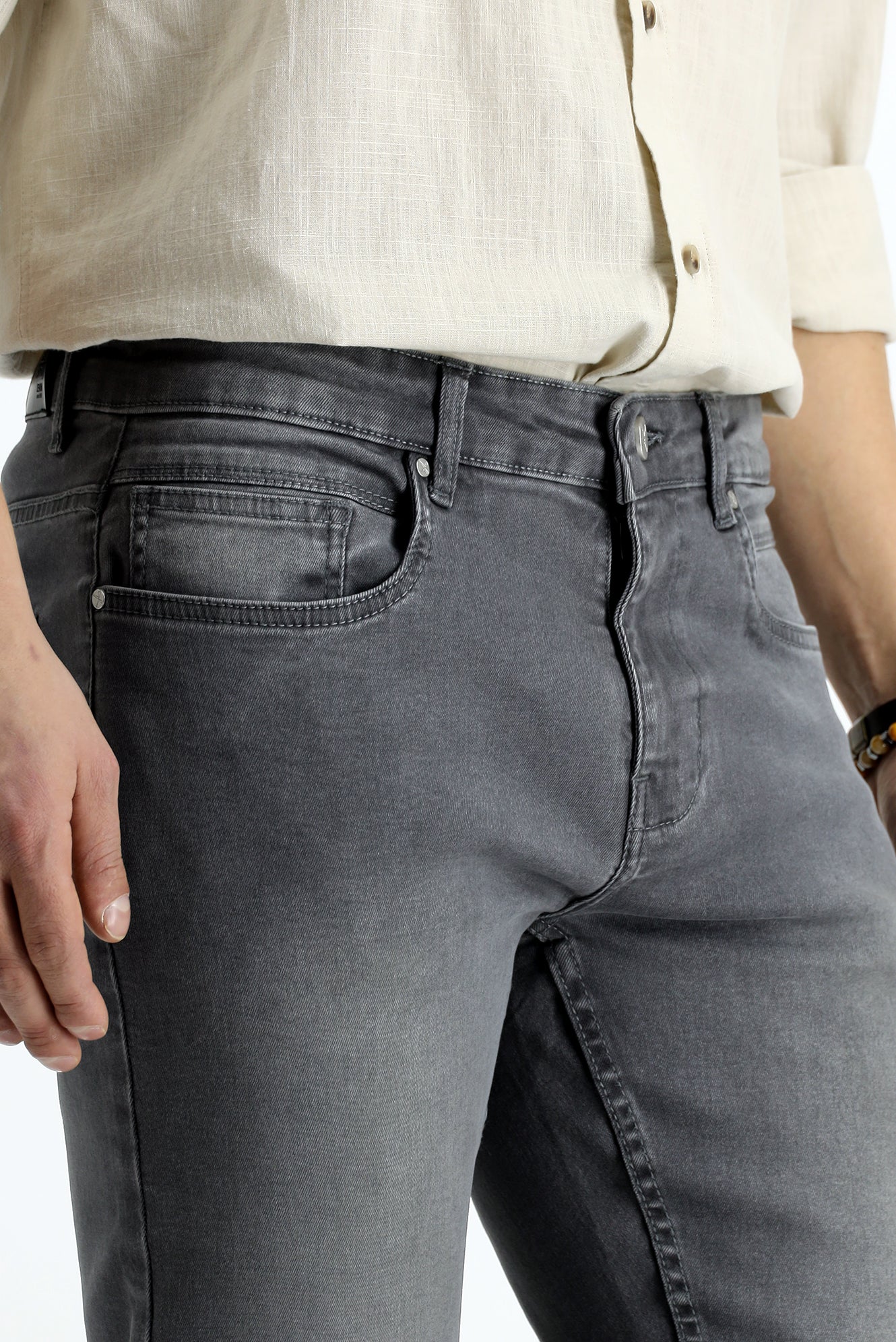 Orta Gri Slim Fit Dar Kesim Likralı Denim Pantolon - Image 5