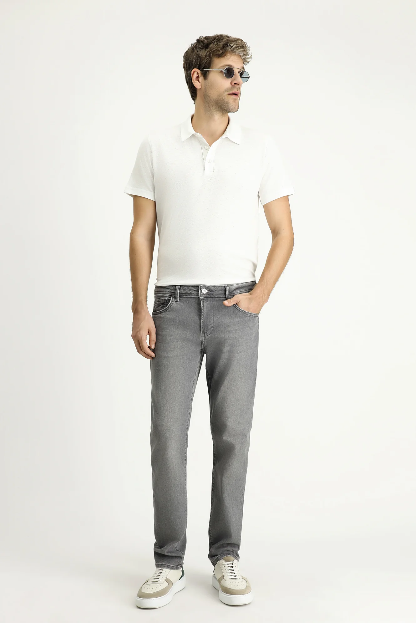Orta Gri Slim Fit Dar Kesim Likralı Denim Pantolon