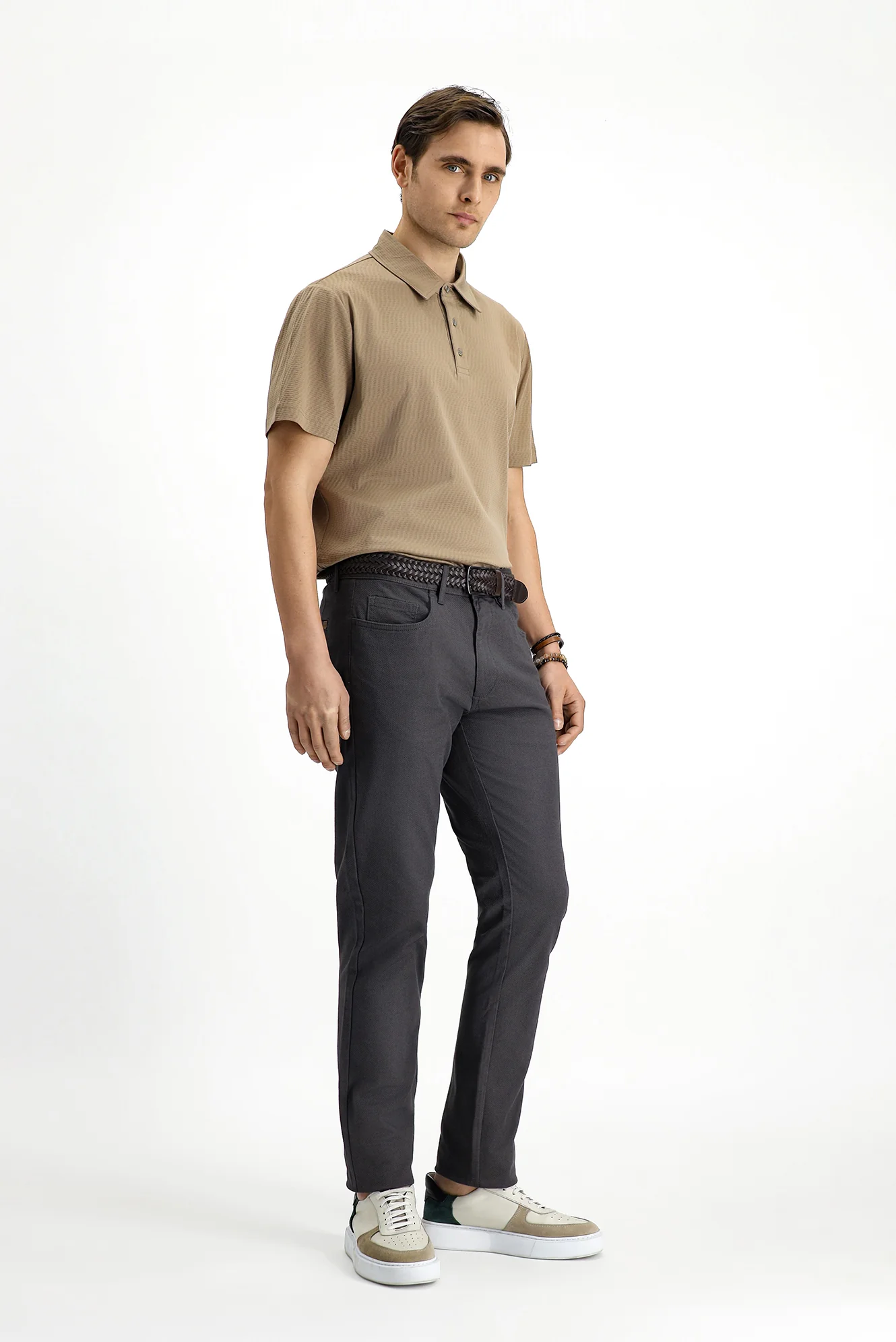 Orta Gri Slim Fit Dar Kesim Likralı Desenli Kanvas / Chino Pantolon