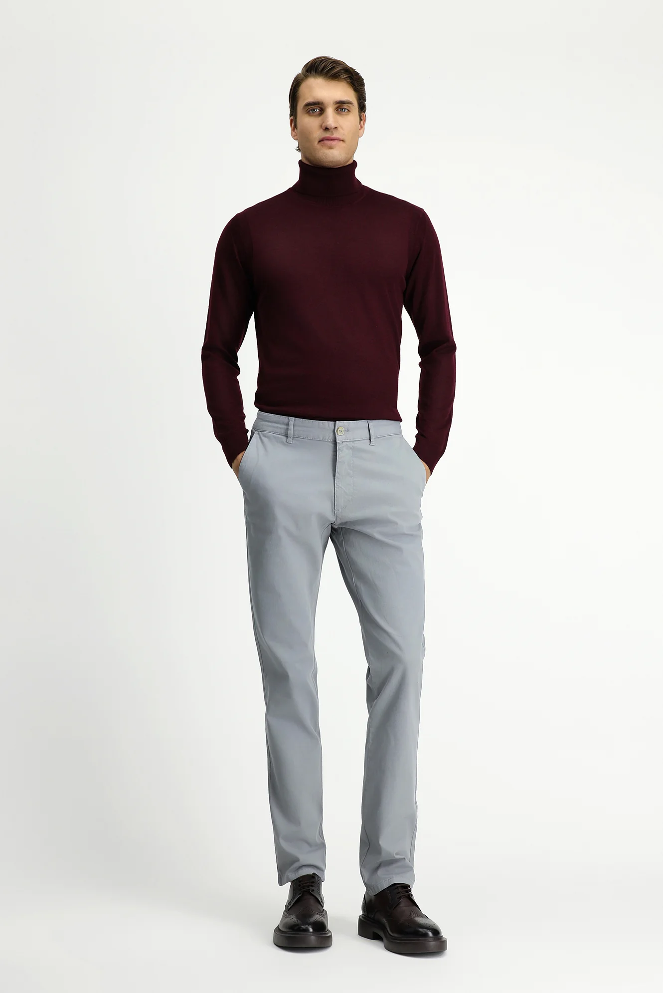 Orta Gri Slim Fit Dar Kesim Likralı Kanvas / Chino Pantolon