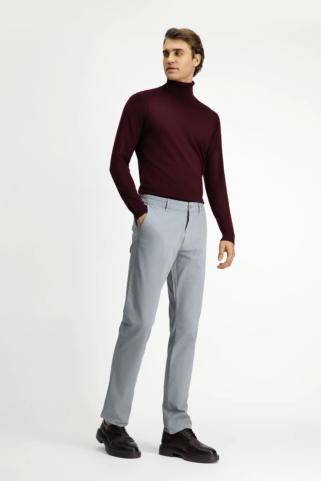Orta Gri Slim Fit Dar Kesim Likralı Kanvas / Chino Pantolon - Image 2