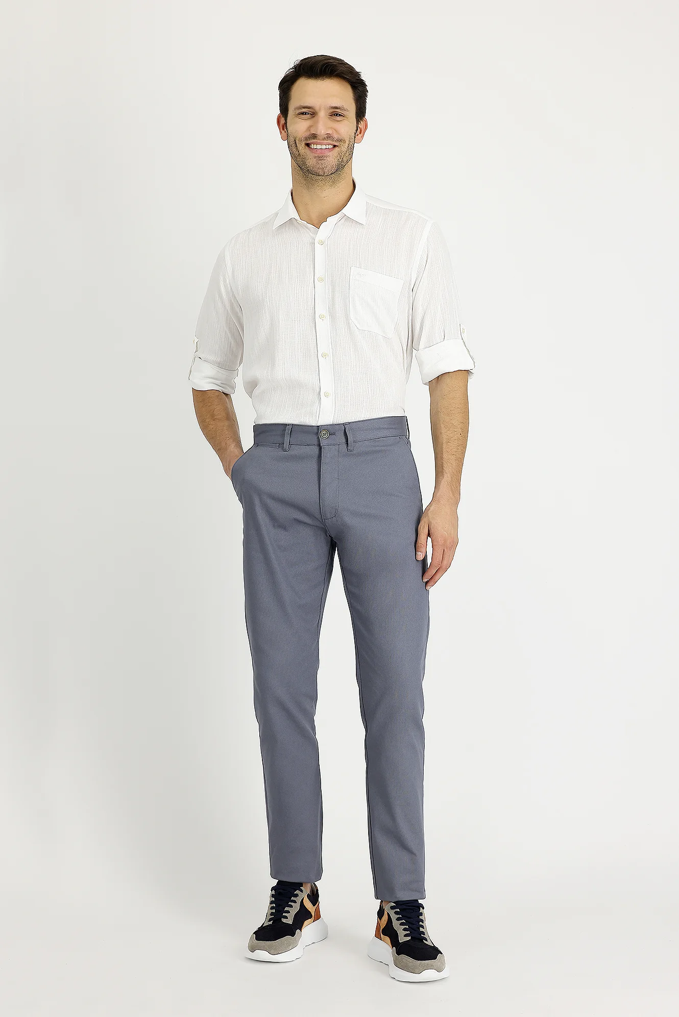 Orta Gri Slim Fit Dar Kesim Likralı Kanvas / Chino Pantolon