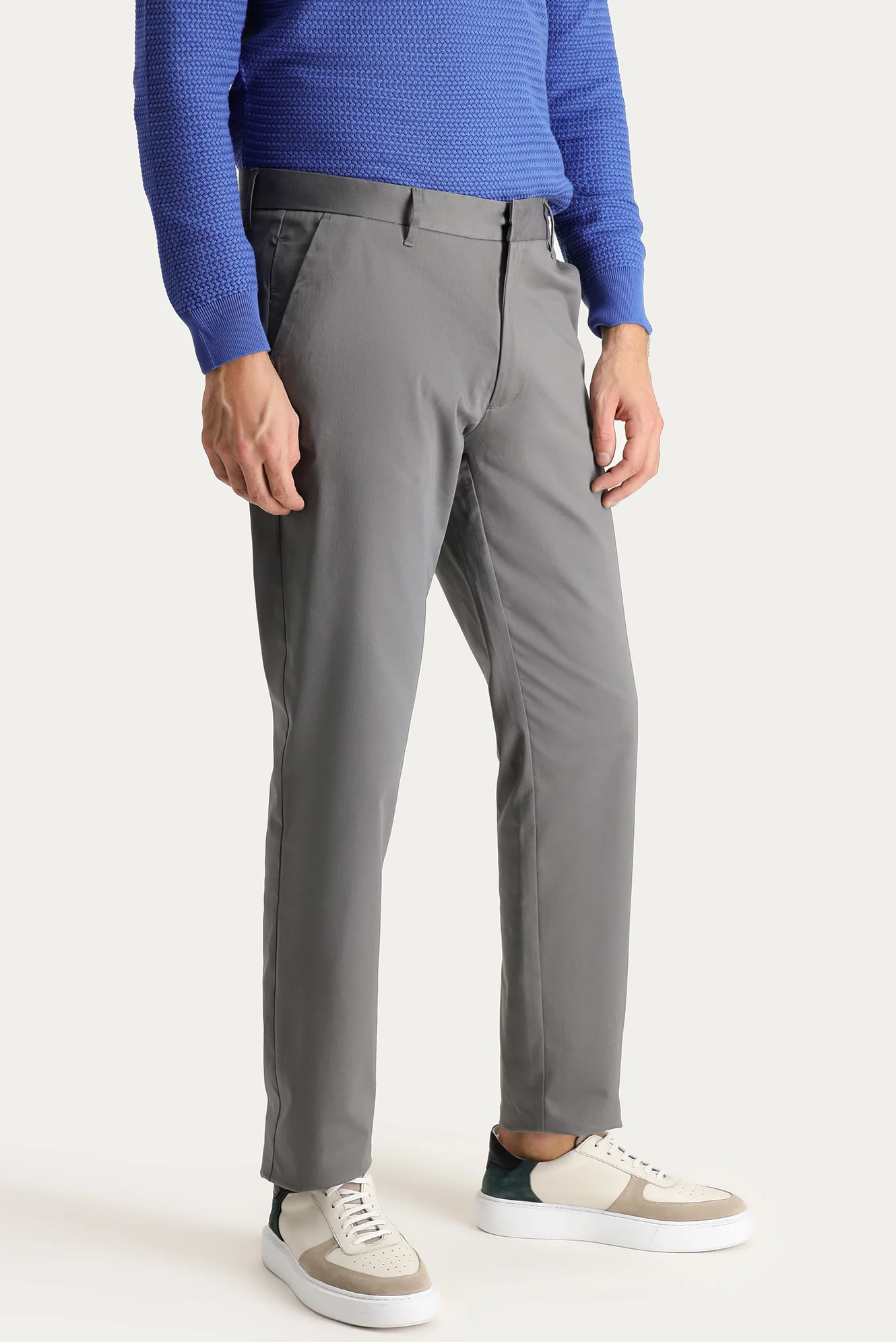 Orta Gri Slim Fit Dar Kesim Likralı Saten Kanvas / Chino Pantolon - Image 3