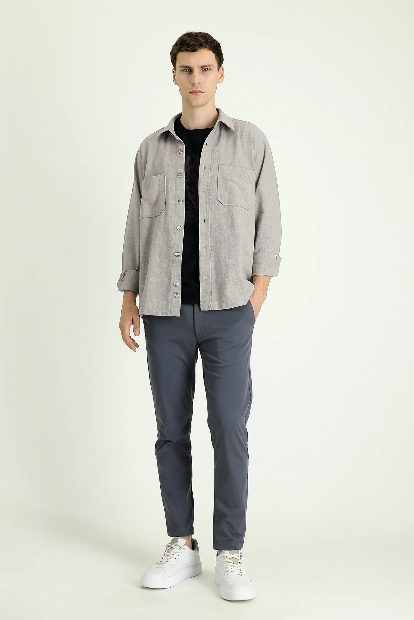 Orta Gri Slim Fit Dar Kesim Likralı Saten Kanvas / Chino Pantolon