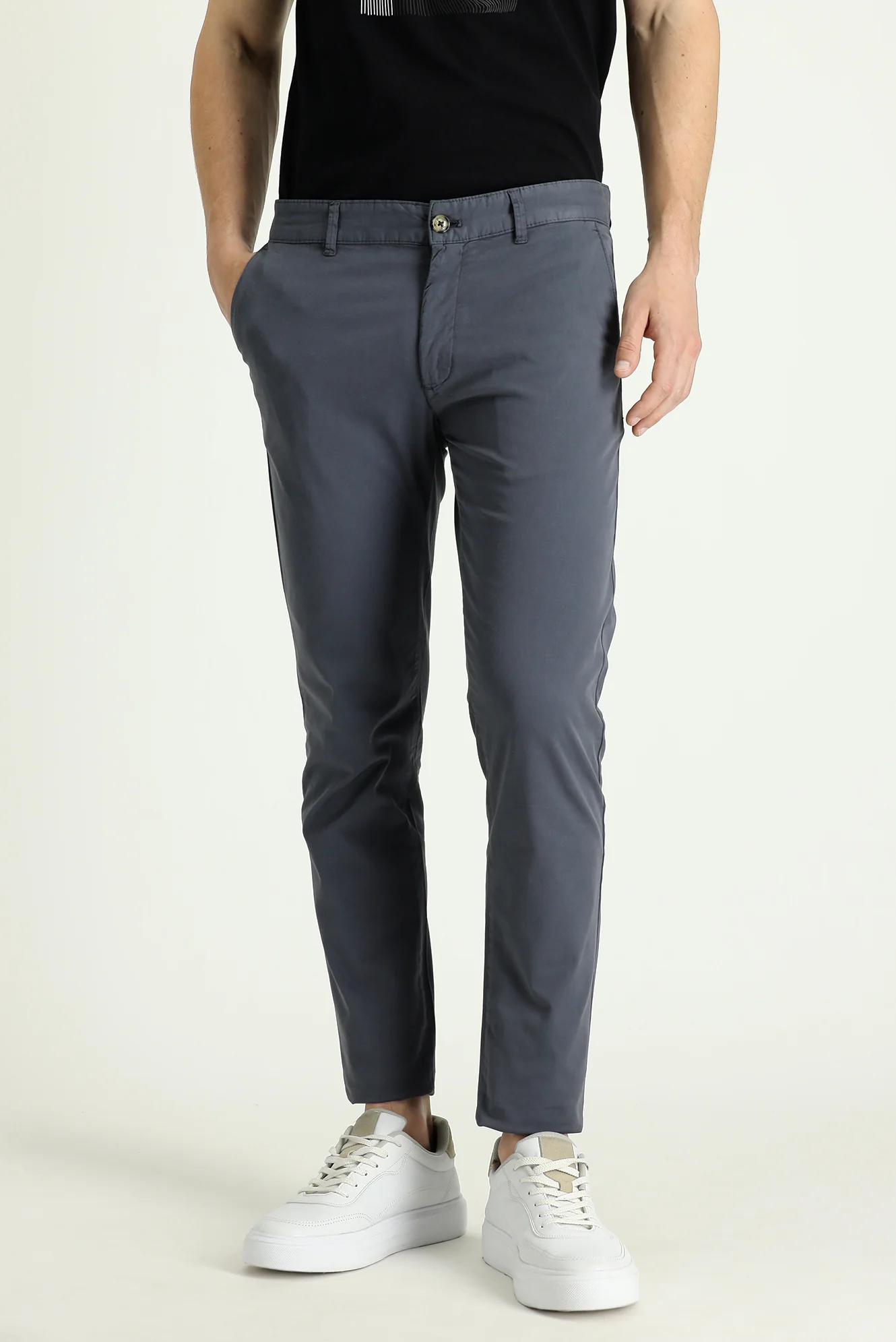 Orta Gri Slim Fit Dar Kesim Likralı Saten Kanvas / Chino Pantolon - Image 2