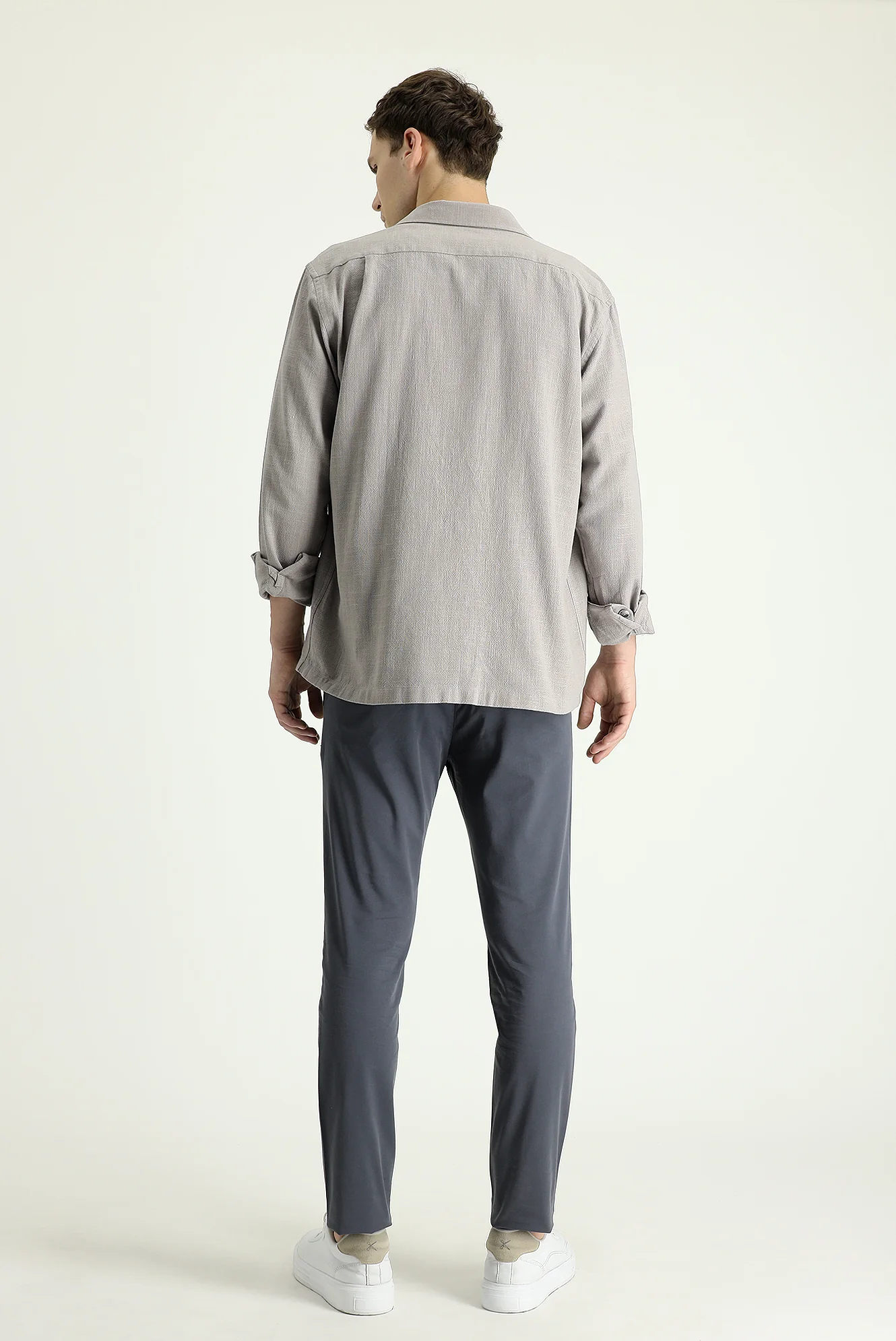 Orta Gri Slim Fit Dar Kesim Likralı Saten Kanvas / Chino Pantolon - Image 3