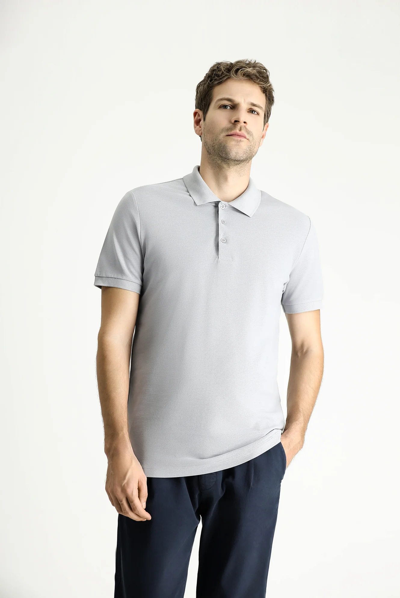 Orta Gri Slim Fit Dar Kesim Nakışlı Pamuk Polo Yaka Tişört - Image 3