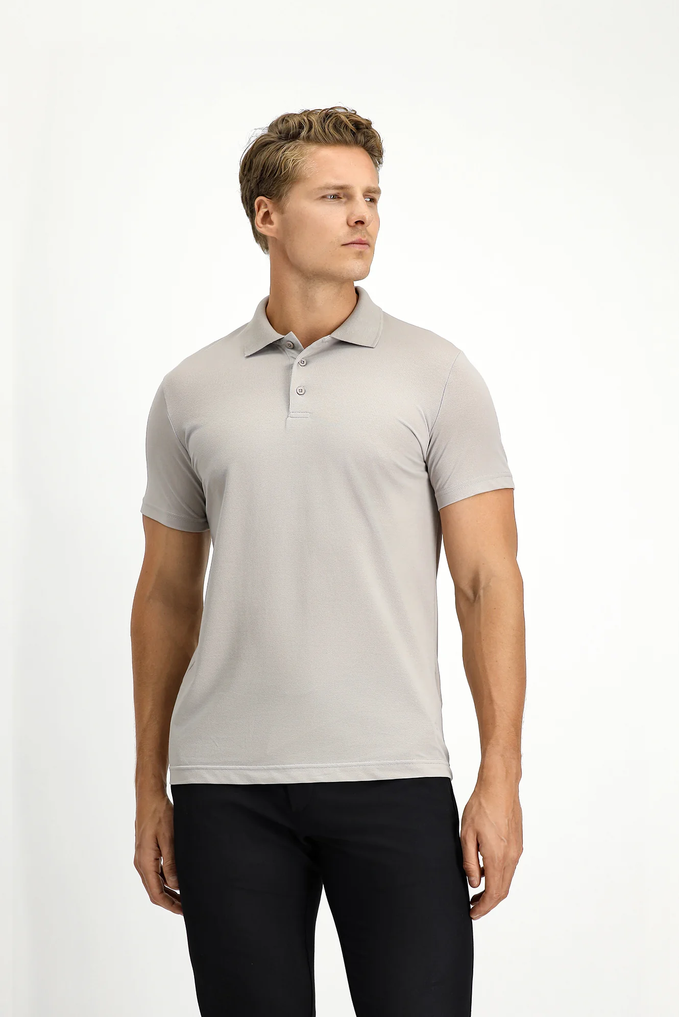 Orta Gri Slim Fit Dar Kesim Nakışlı Pamuklu Polo Yaka Tişört