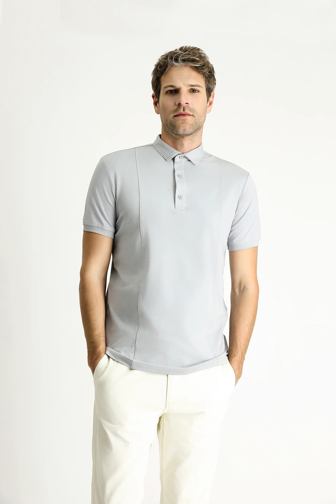 Orta Gri Slim Fit Dar Kesim Pamuklu Süprem Polo Yaka Tişört - Image 3