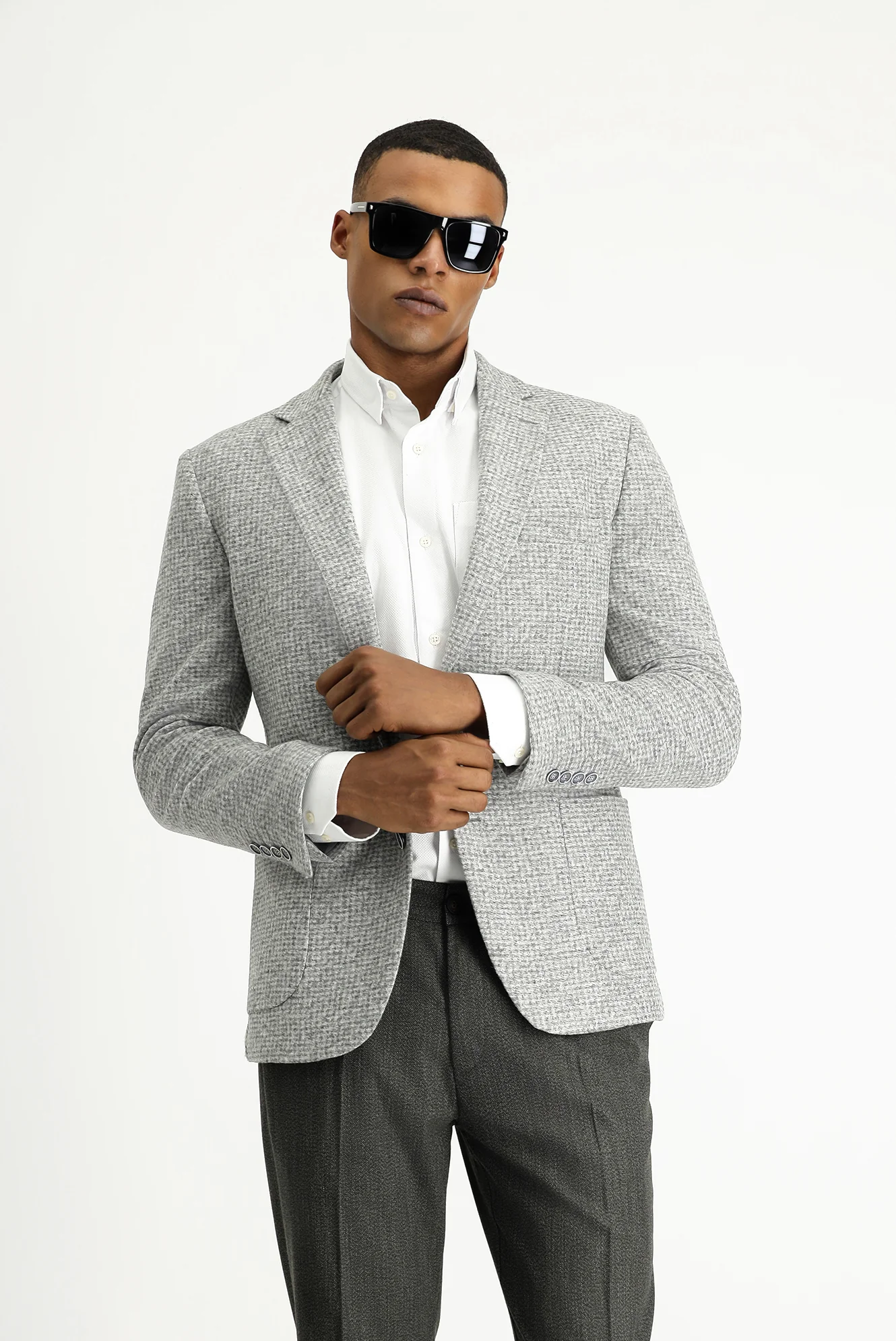 Orta Gri 7 Drop Slim Fit Dar Kesim Yünlü Desenli Spor İtalyan Ceket - Image 4