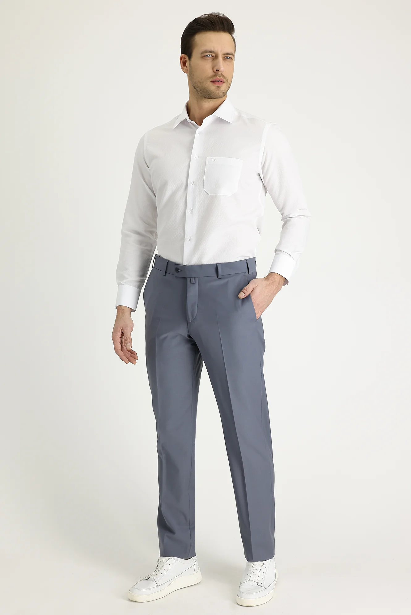Orta Gri 7 Drop Slim Fit Dar Kesim Yünlü Klasik Kumaş Pantolon