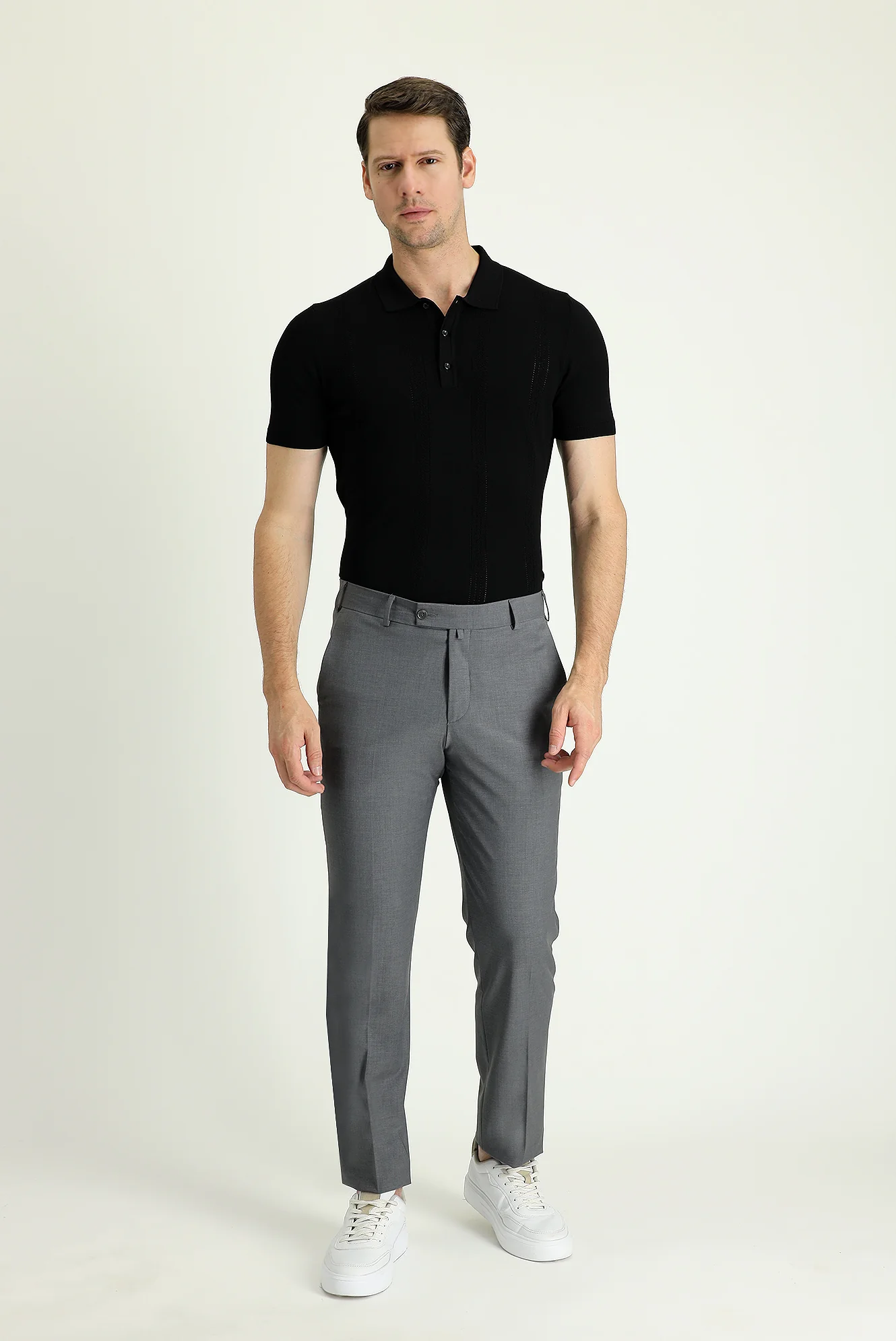 Orta Gri 7 Drop Slim Fit Dar Kesim Yünlü Klasik Kumaş Pantolon