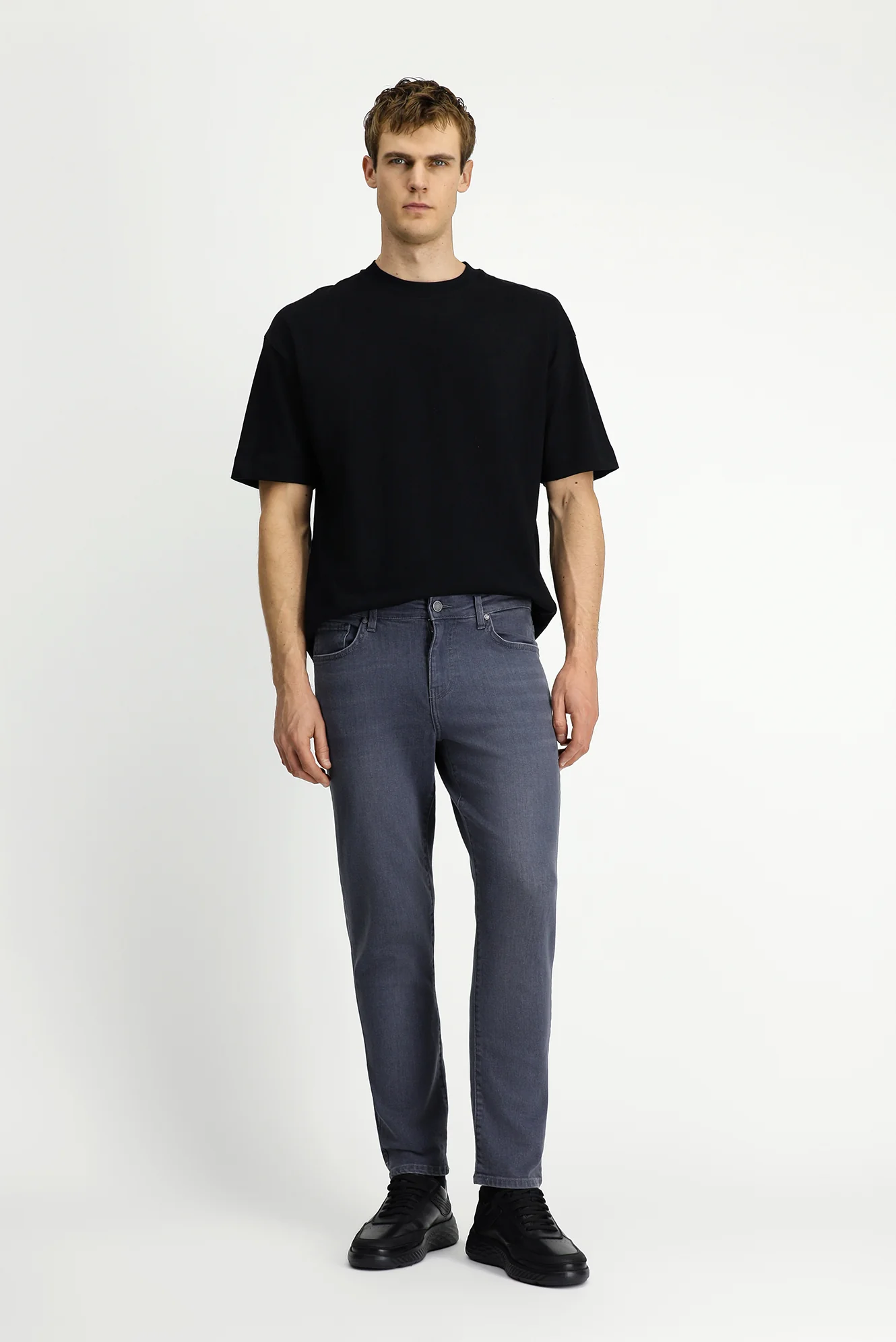 Orta Gri Slim Fit Dar Kesim Likralı Beş Cep Denim Pantolon - Image 3