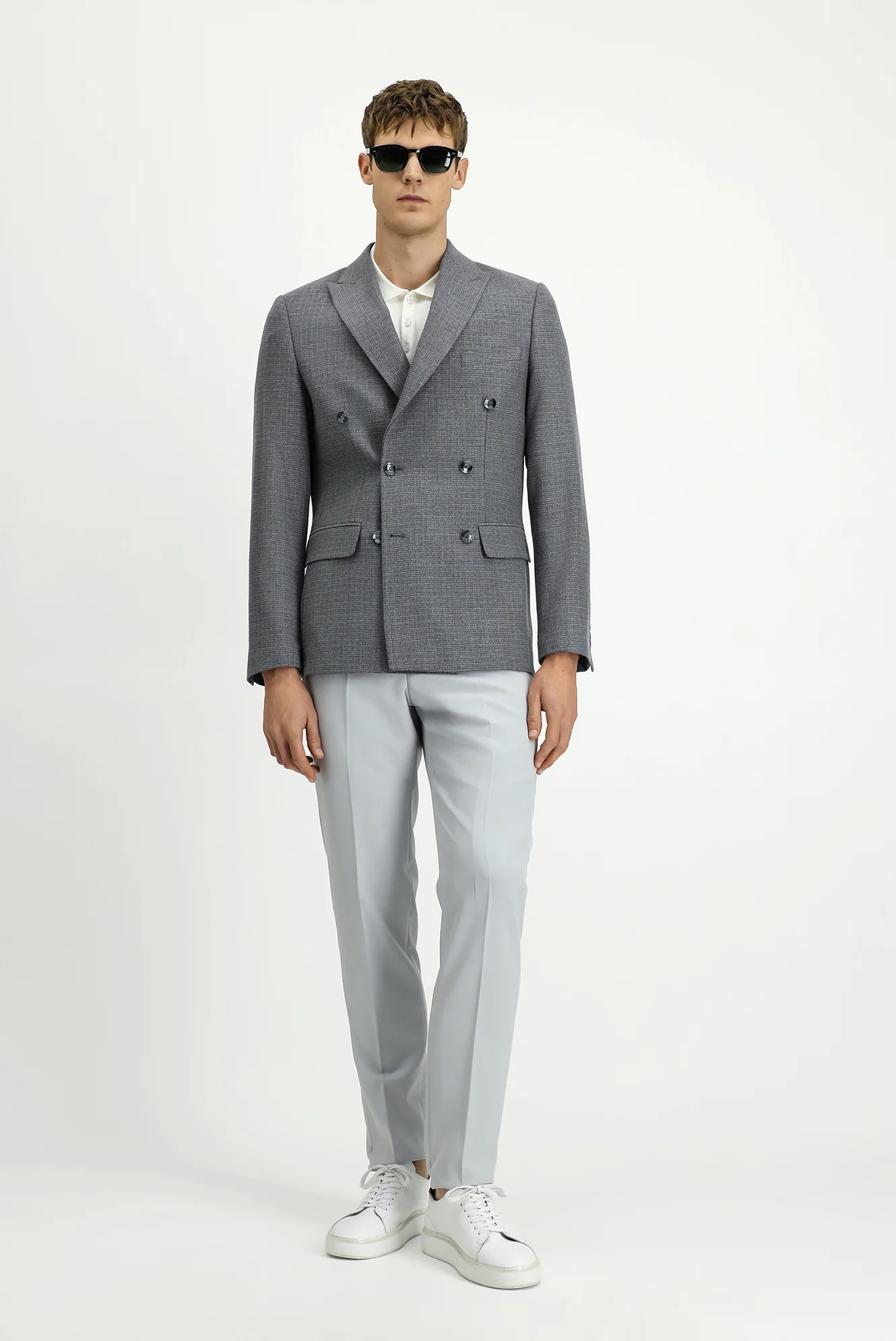 Orta Gri 7 Drop Super Slim Fit Eksra Dar Kesim Desenli Kruvaze Ceket - Image 2