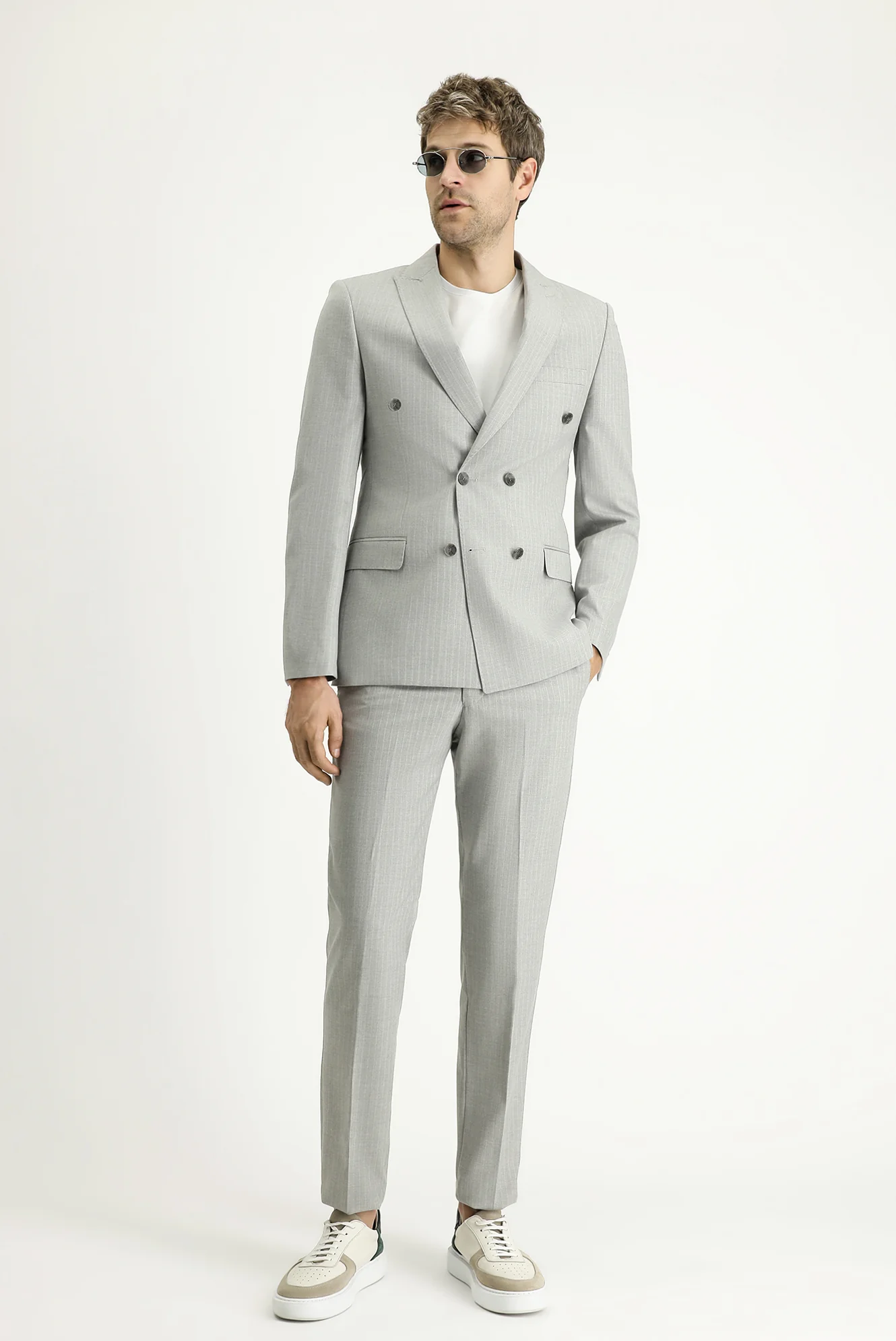 Orta Gri 7 Drop Super Slim Fit Eksra Dar Kesim Kruvaze Çizgili Takım Elbise