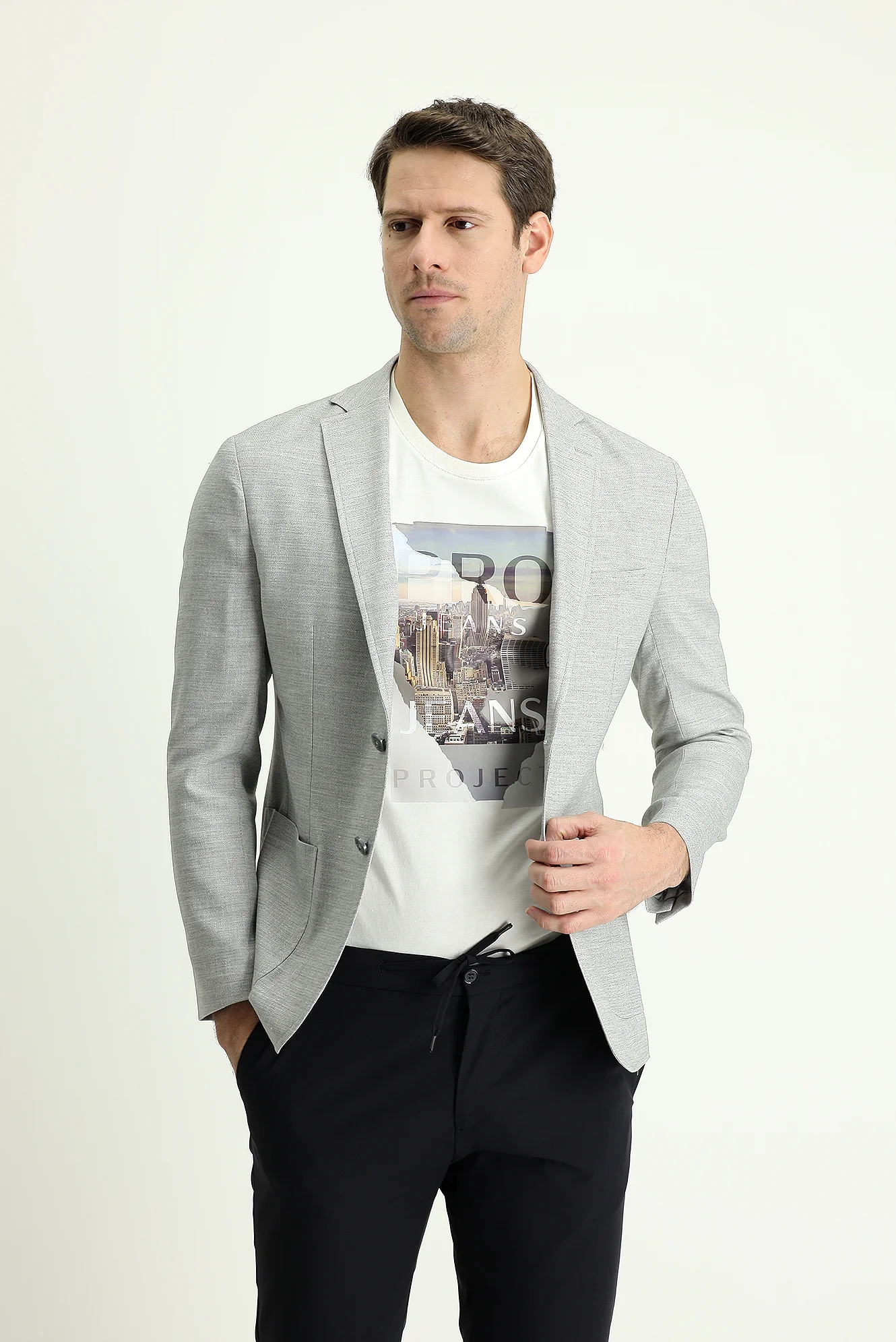 Orta Gri 7 Drop Super Slim Fit Eksra Dar Kesim Fit Spor Keten Ceket - Image 2