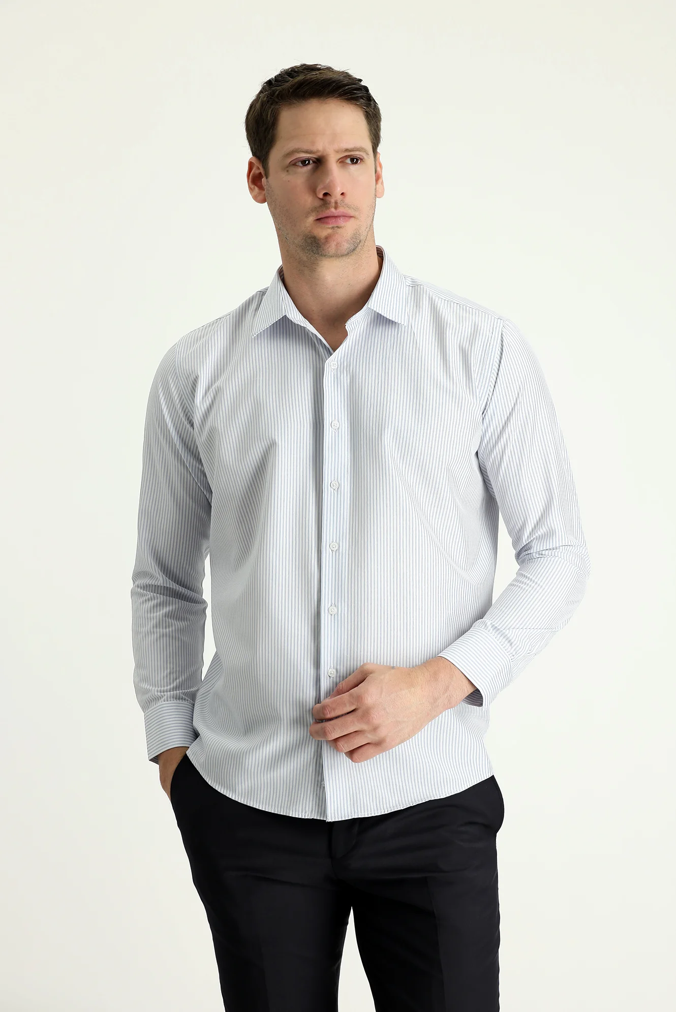 Orta Gri Uzun Kol Slim Fit Dar Kesim Çizgili Pamuklu Gömlek