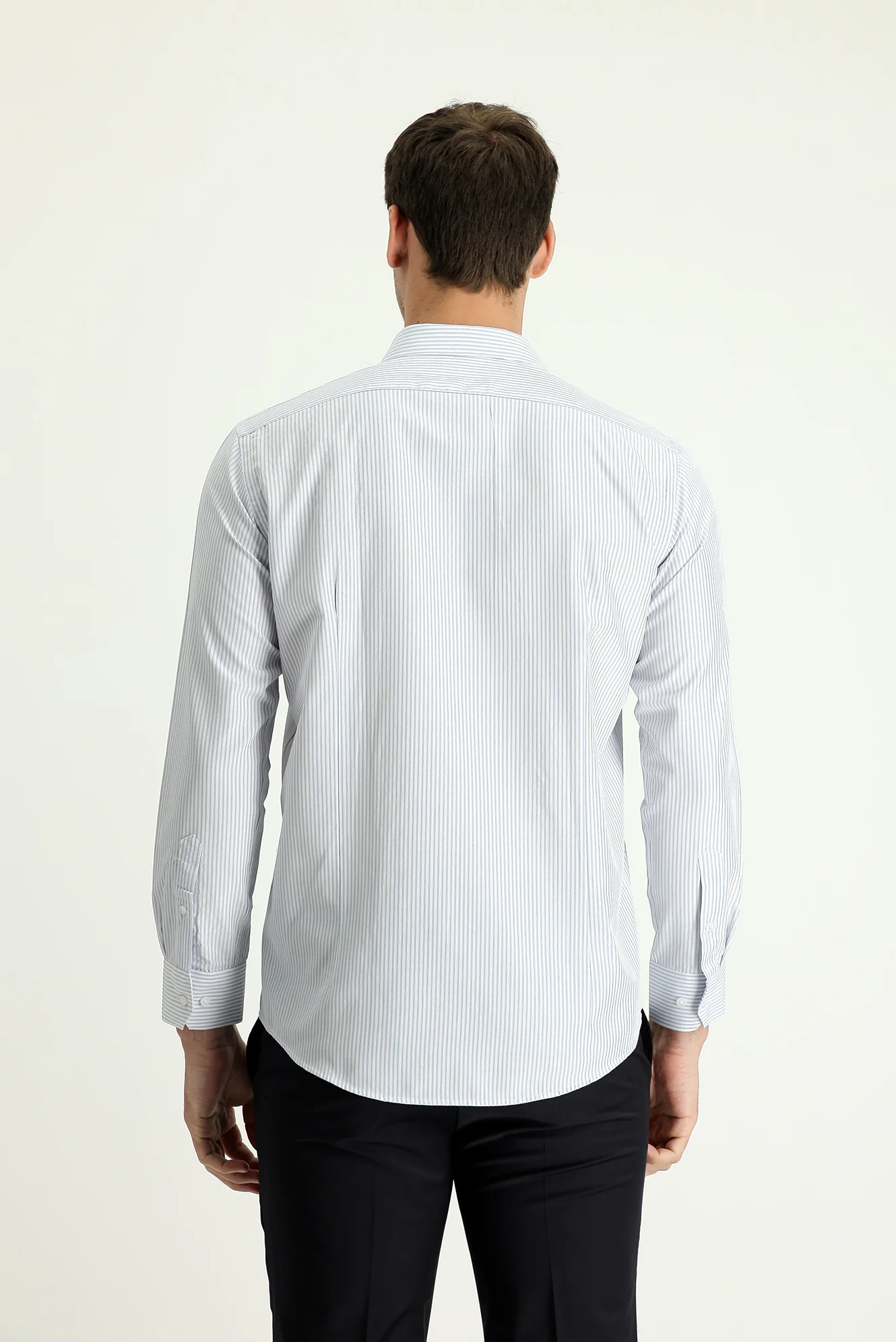 Orta Gri Uzun Kol Slim Fit Dar Kesim Çizgili Pamuklu Gömlek - Image 2