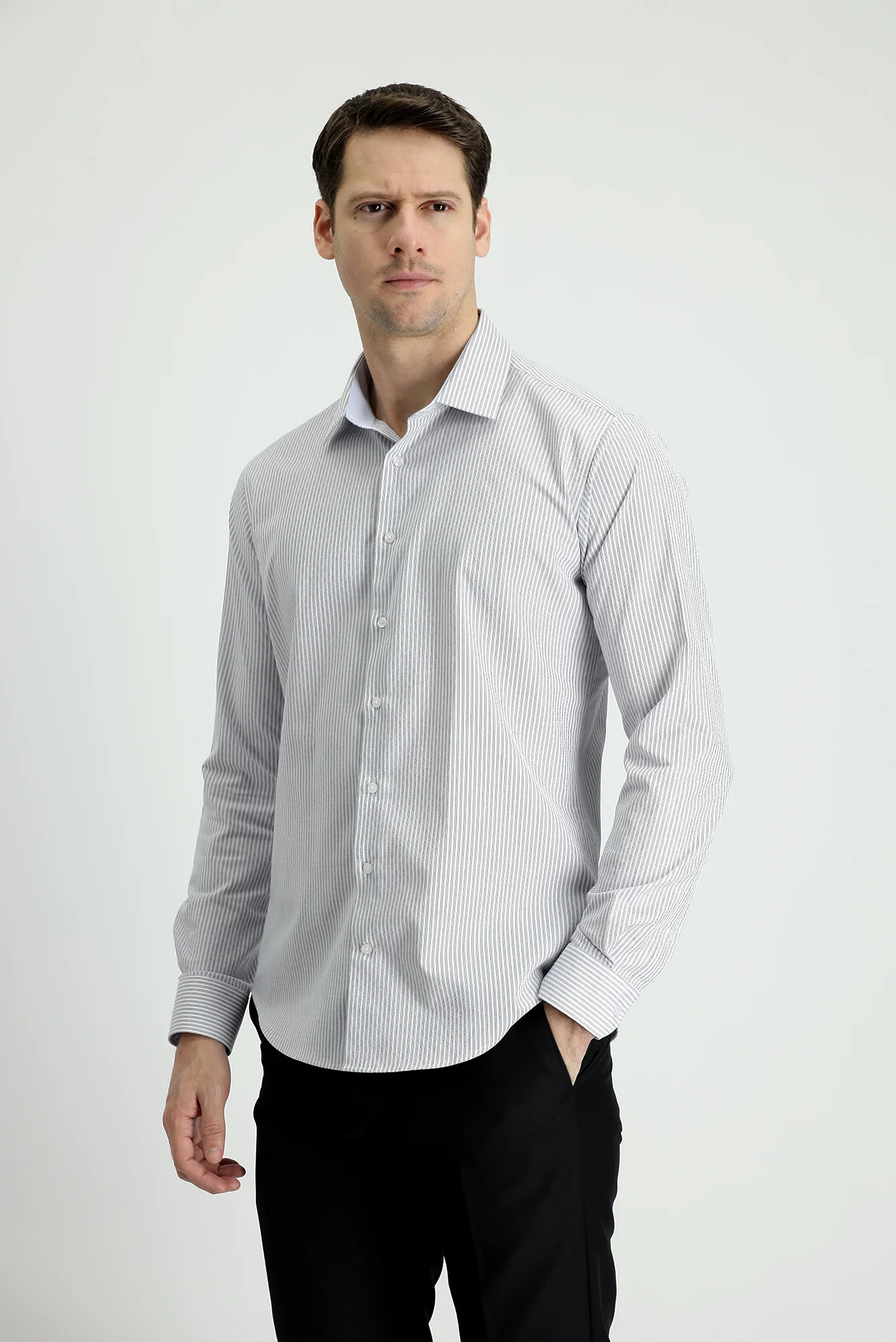 Orta Gri Uzun Kol Slim Fit Dar Kesim Çizgili Gömlek