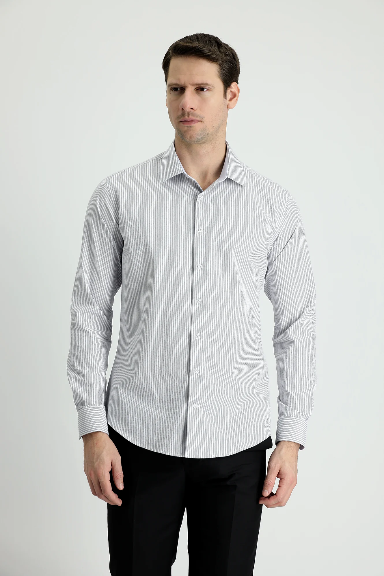 Orta Gri Uzun Kol Slim Fit Dar Kesim Çizgili Gömlek - Image 2