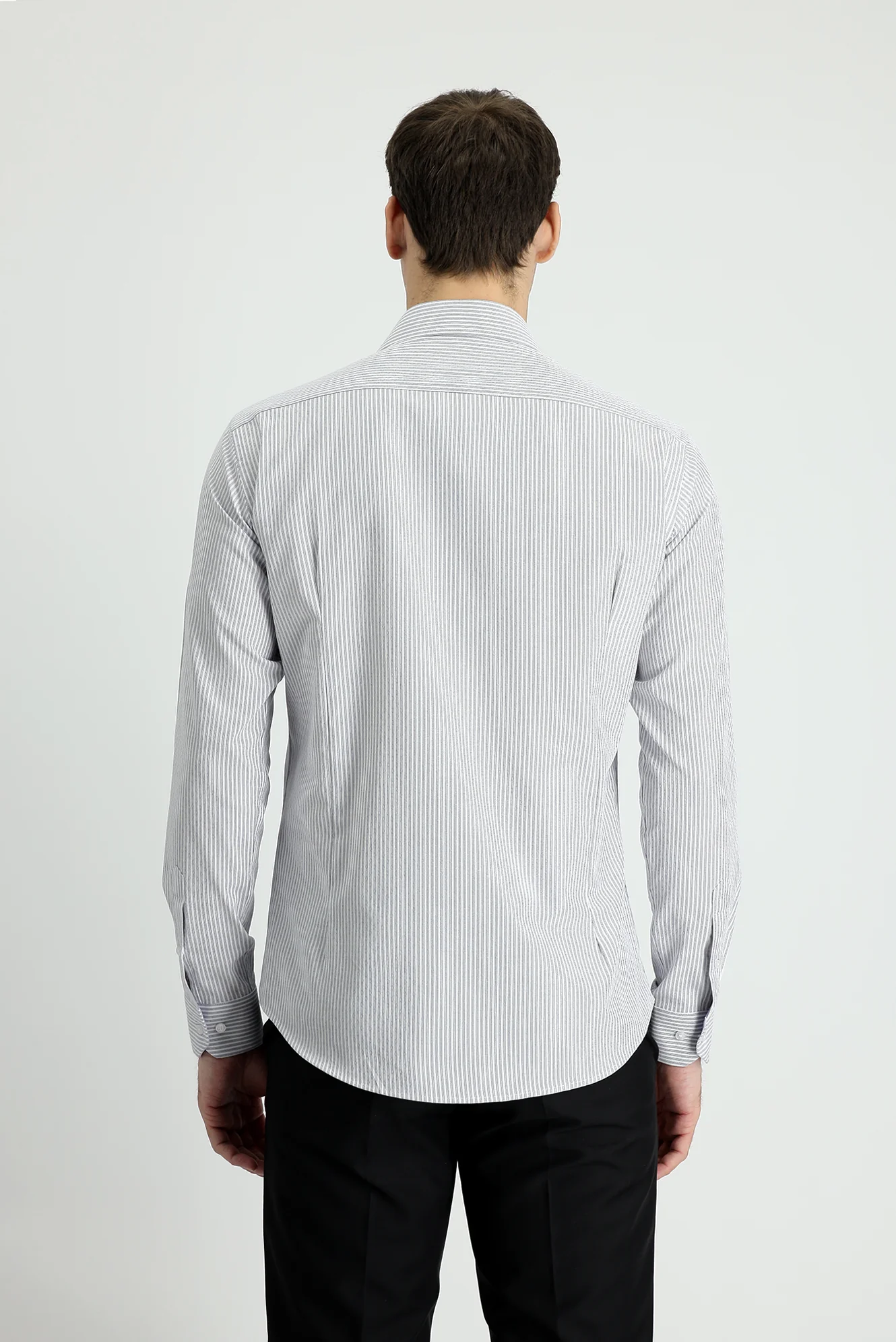 Orta Gri Uzun Kol Slim Fit Dar Kesim Çizgili Gömlek - Image 3